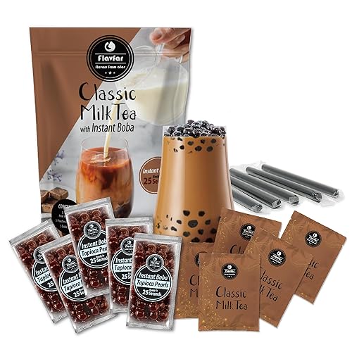 Flavfar Instant Boba Bubble Pearl Milk Tea Kit with Delicious Tapioca Boba | Ready in Just 25 Seconds | The Ultimate Bubble Tea Kit with Boba Straws for Gifting - 5 Servings - Classic Milk Tea - 5 pack