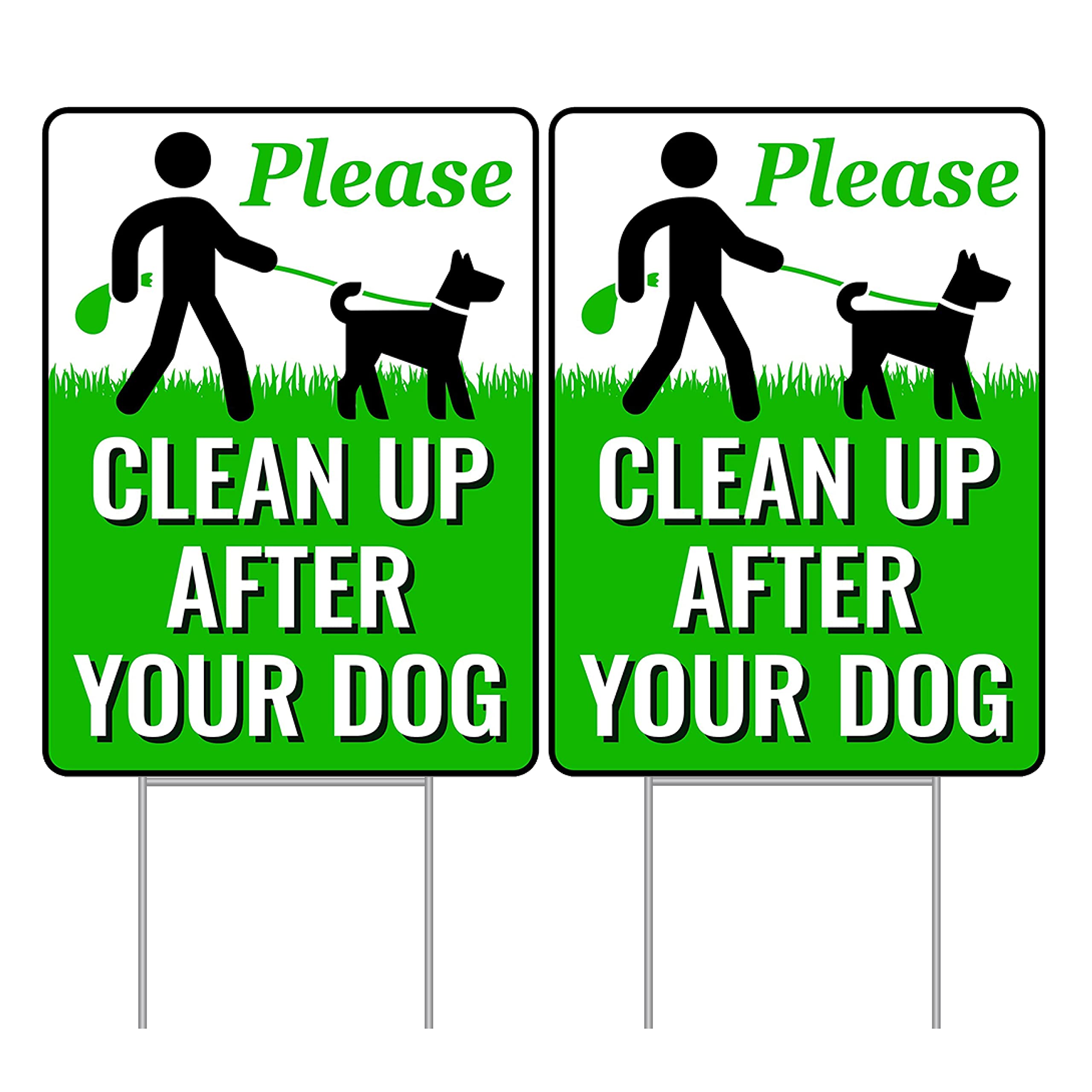 Clean Up After Your Dog Signs 12" x 9" with Metal H-Stakes | Dog Stake for Yard Pick Up After Your Dog Sign | No Dog Poop Signs for Yard | Pk2, 12"x9"