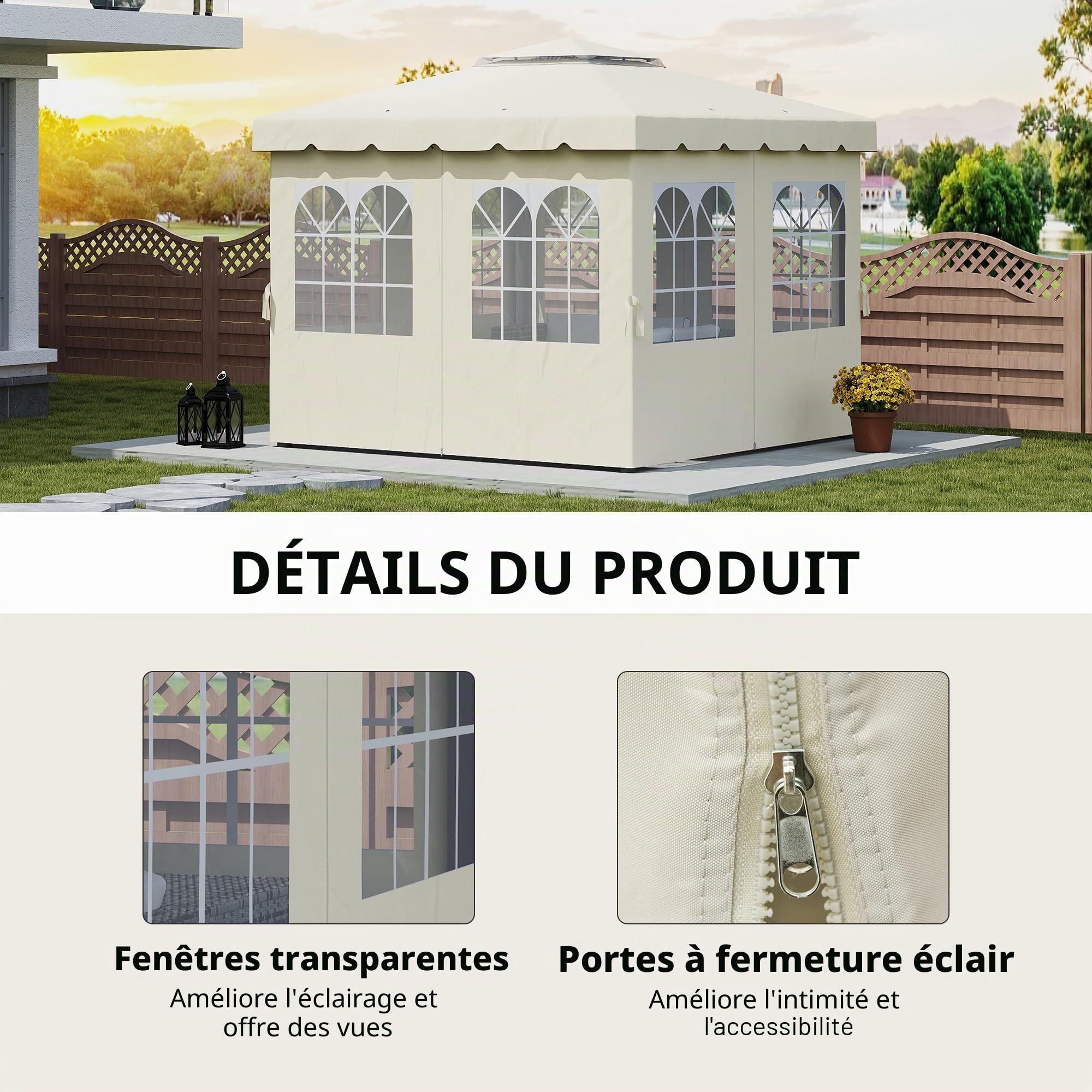 Outsunny Mur Latéral 4 Pièces pour Pavillon 3x3m 302x205cm Blanc Crème