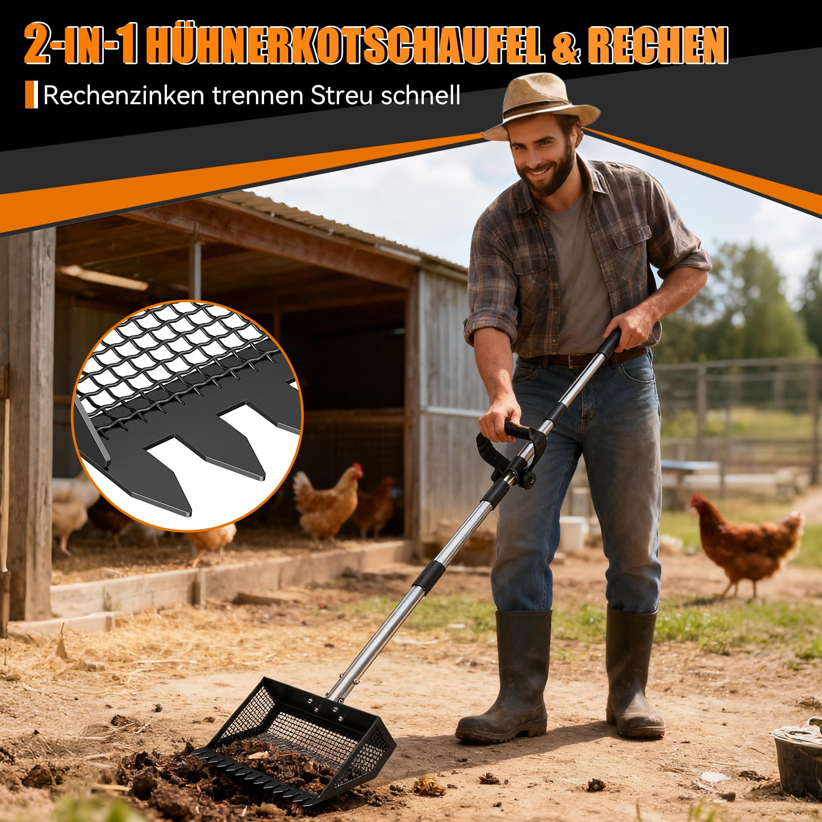 25.5cm Hühnerkotschaufel mit Ergonomischem Griff, Hühner Zubehör Siebschaufel Metall, 4-In-1 Verstellbare 89-190cm Chicken Poop Scooper Zum Reinigen von Hühnerställen Ziegenställen Ställen