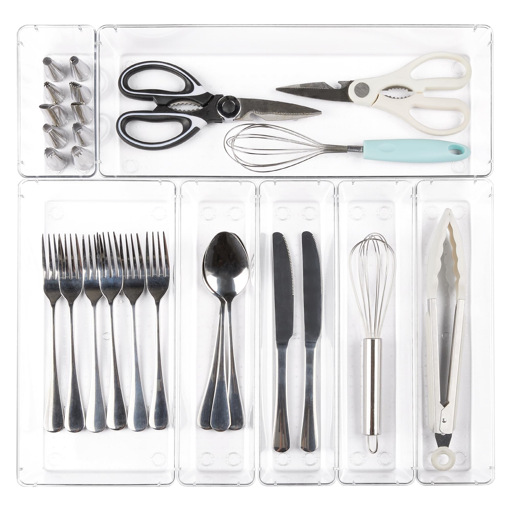 Vtopmart 7 PCS Kitchen Drawer Organizer, 4 Size Clear Plastic Utensil Organizer Tray, Silverware Flatware Organizer for Drawer, Storage Bins for Makeup, Bathroom