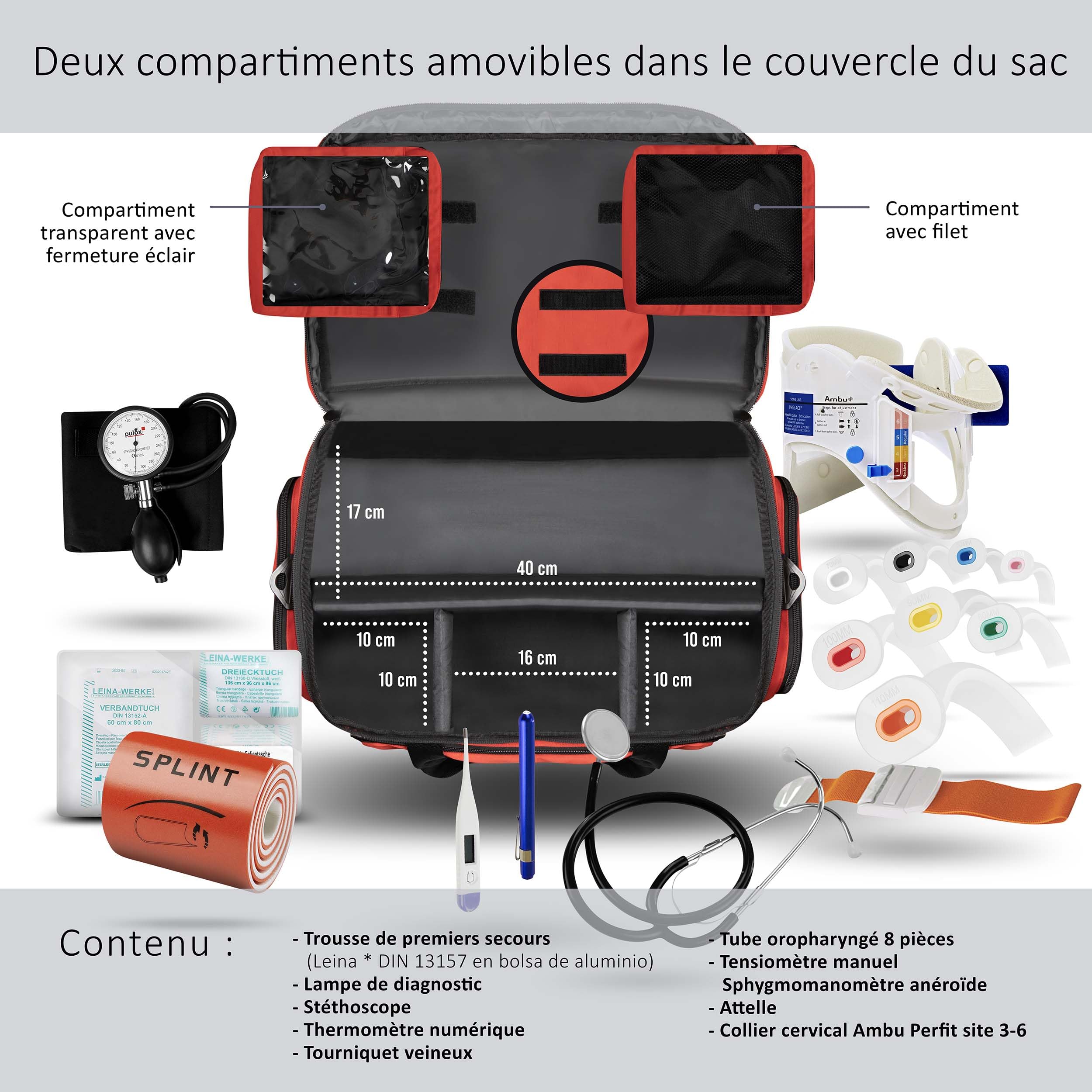 Pulox Sac de Premiers Secours Rouge Complet avec Contenu - Grand Sac médical Professionnel pour Services médicaux et Personnel médical/Complete