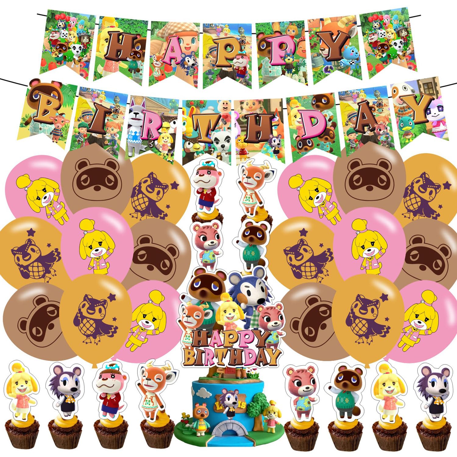 Animal Cross-ing Themed Birthday Party Supplies,Animal Game Balloons Decorations for New Horizons Party Happy Birthday Balloons, Cupcake Toppers, Cake