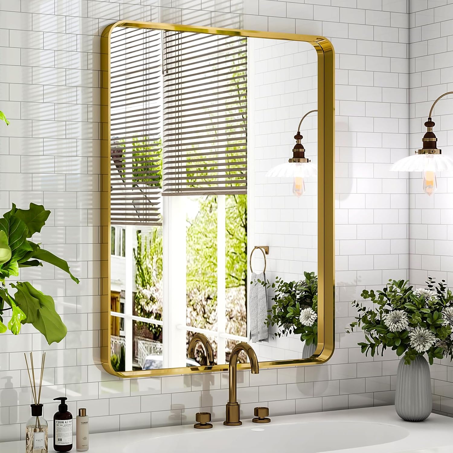 Gold Bathroom Mirror for Wall, 32"x24" Inch Rounded Rectangle Mirror with Metal Framed, Modern Vanity Mirrors for Bedroom, Living Room, Hanging or Leaning Horizontal or Vertical Gold 32"L x 24"W