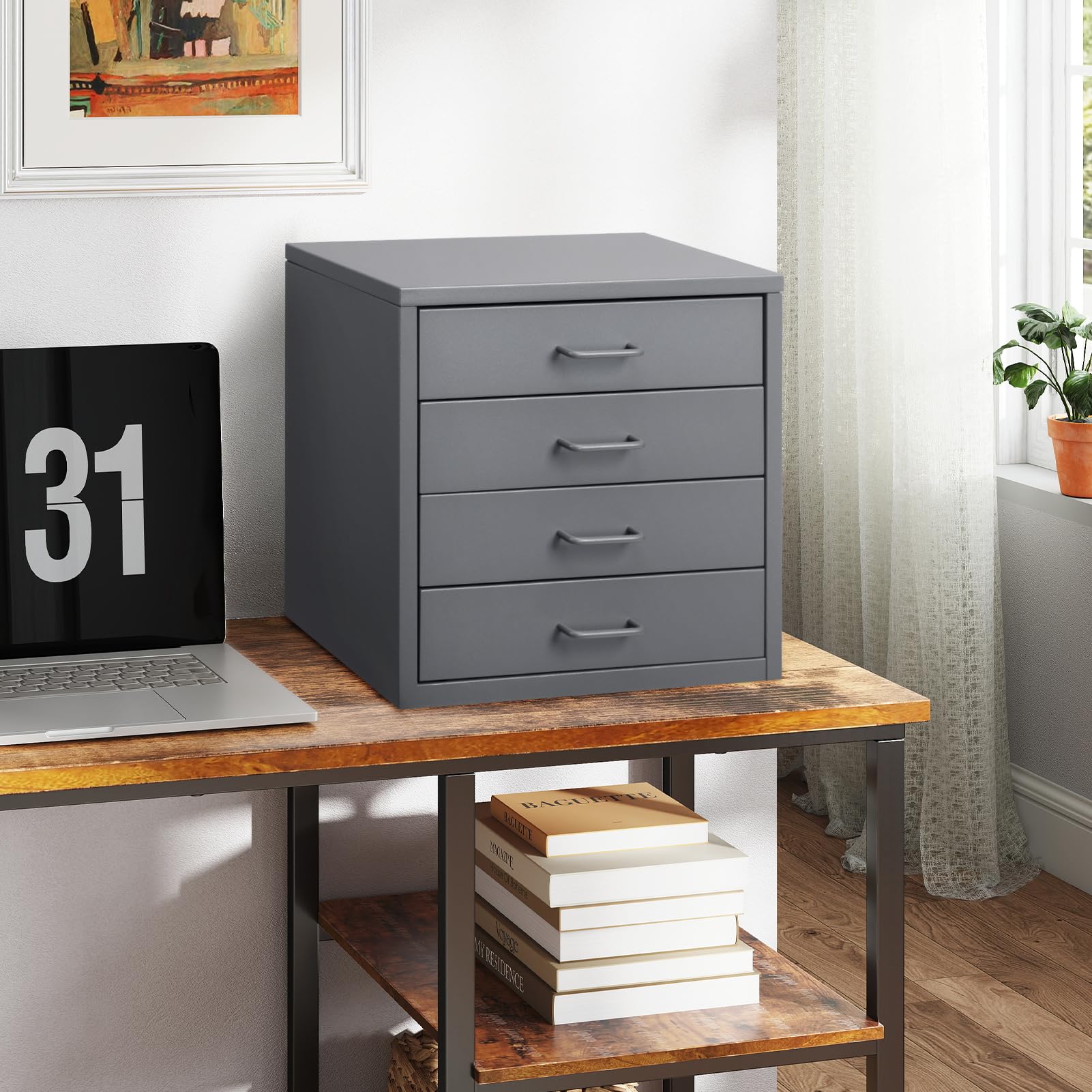 HollyHOME Cassettiera da scrivania con 4 cassetti, organizer verticale per documenti formato A4, cassetto in metallo per casa e ufficio, da assemblare, grigio