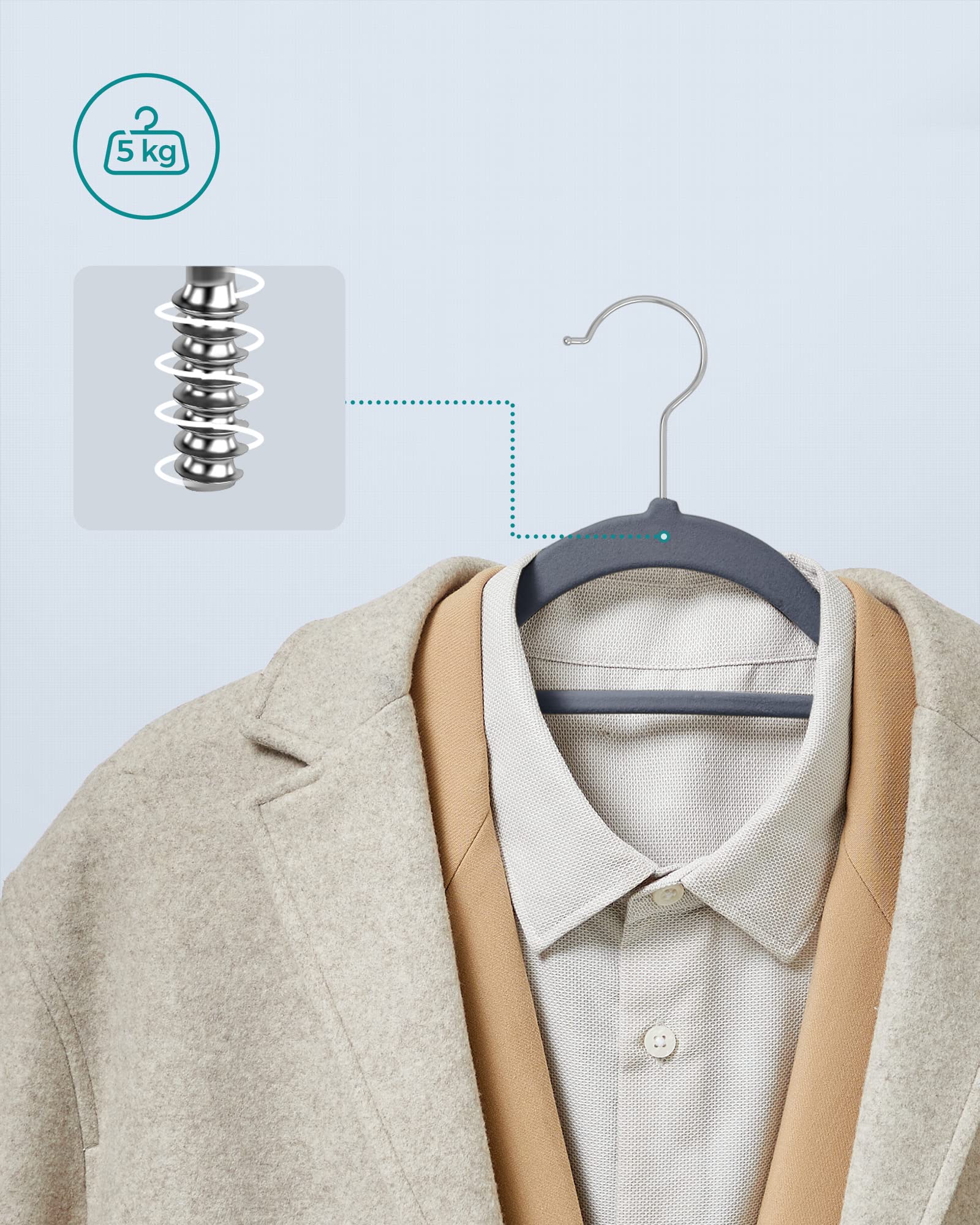 Grucce Appendiabiti In Velluto - 20 Pezzi Grigio | Salvaspazio Con Porta Cravatte | Portata 5kg