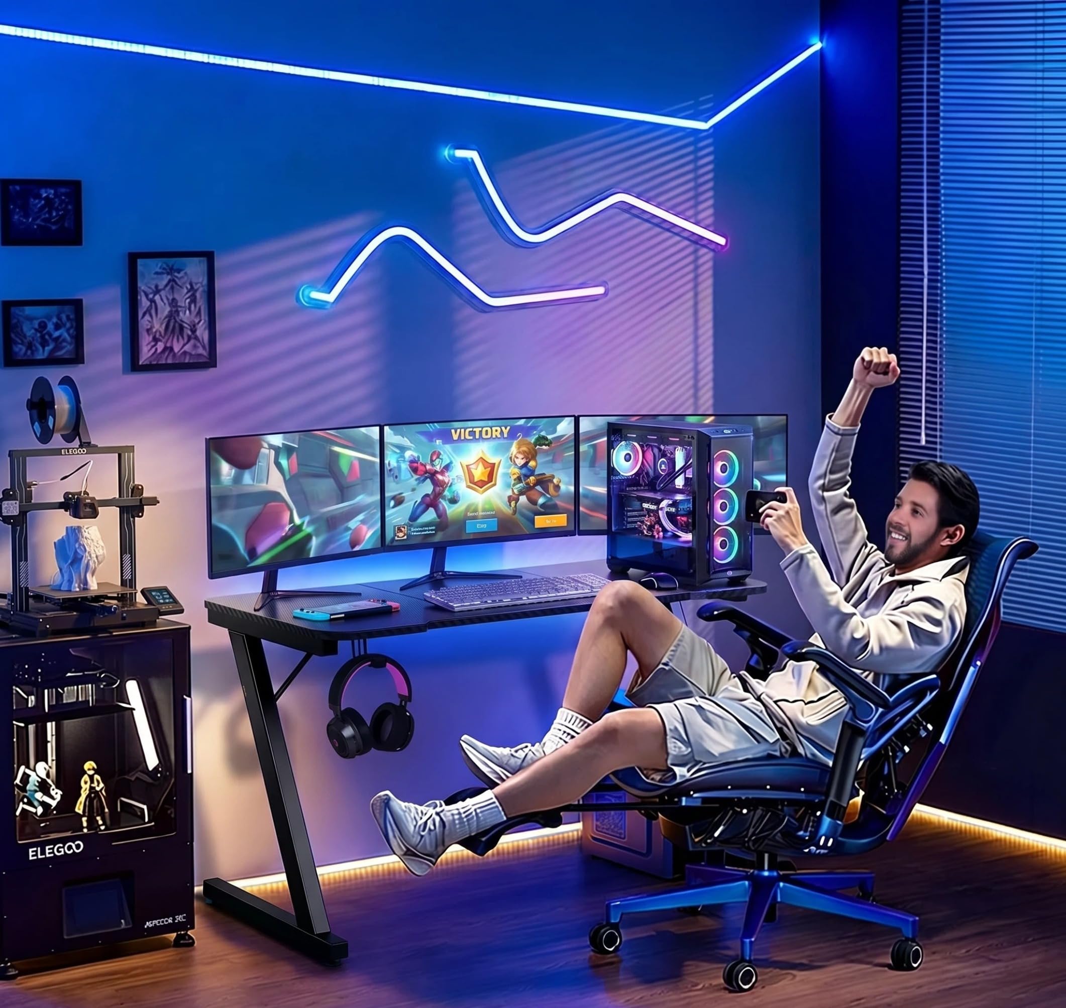 Homall Gaming Tisch 120 x 60 cm, Z-Frame Gamer Schreibtisch mit Kopfhörerhaken & Getränkehalter, Kohlebeschichtung Ergonomischer PC Computertisch, Stabiler Tisch