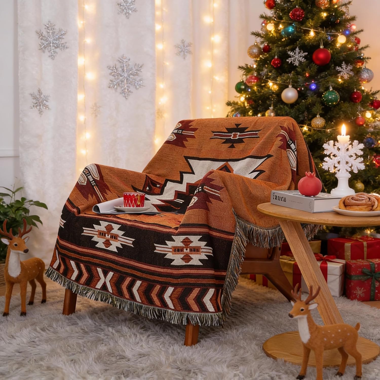 Throw Blanket for Couch & Bed, 50" x 60"Cozy Lightweight All-Season Blanket Tassels Tapestry, Warm Decorative Sofa Blanket for Living Room, Bedroom & Office, Easy Care Gift Blanket