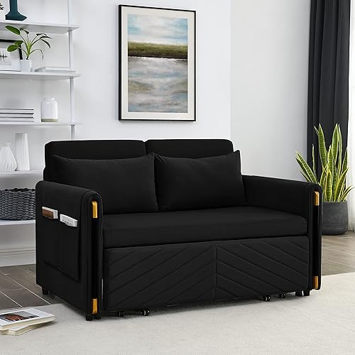 Miniatura 3 de Sofá cama convertible de 54 pulgadas, sofá biplaza ajustable de terciopelo, sofá extraíble con 2 bolsillos desmontables en los brazos y almohadas,