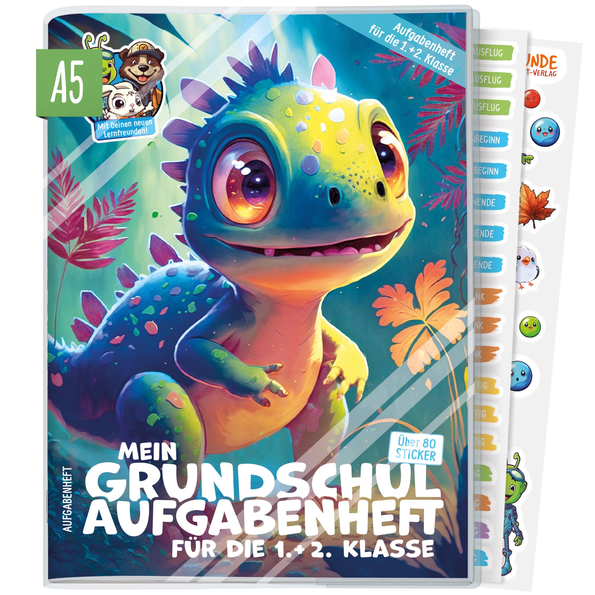 Undatiertes Hausaufgabenheft Grundschule A5 Für Die 1. Und 2. Klasse – Mit Schutzhülle, Stickern, Lernspielen Und Merkhilfen – Nachhaltig & Klimafreundlich Hergestellt – Rasselbande