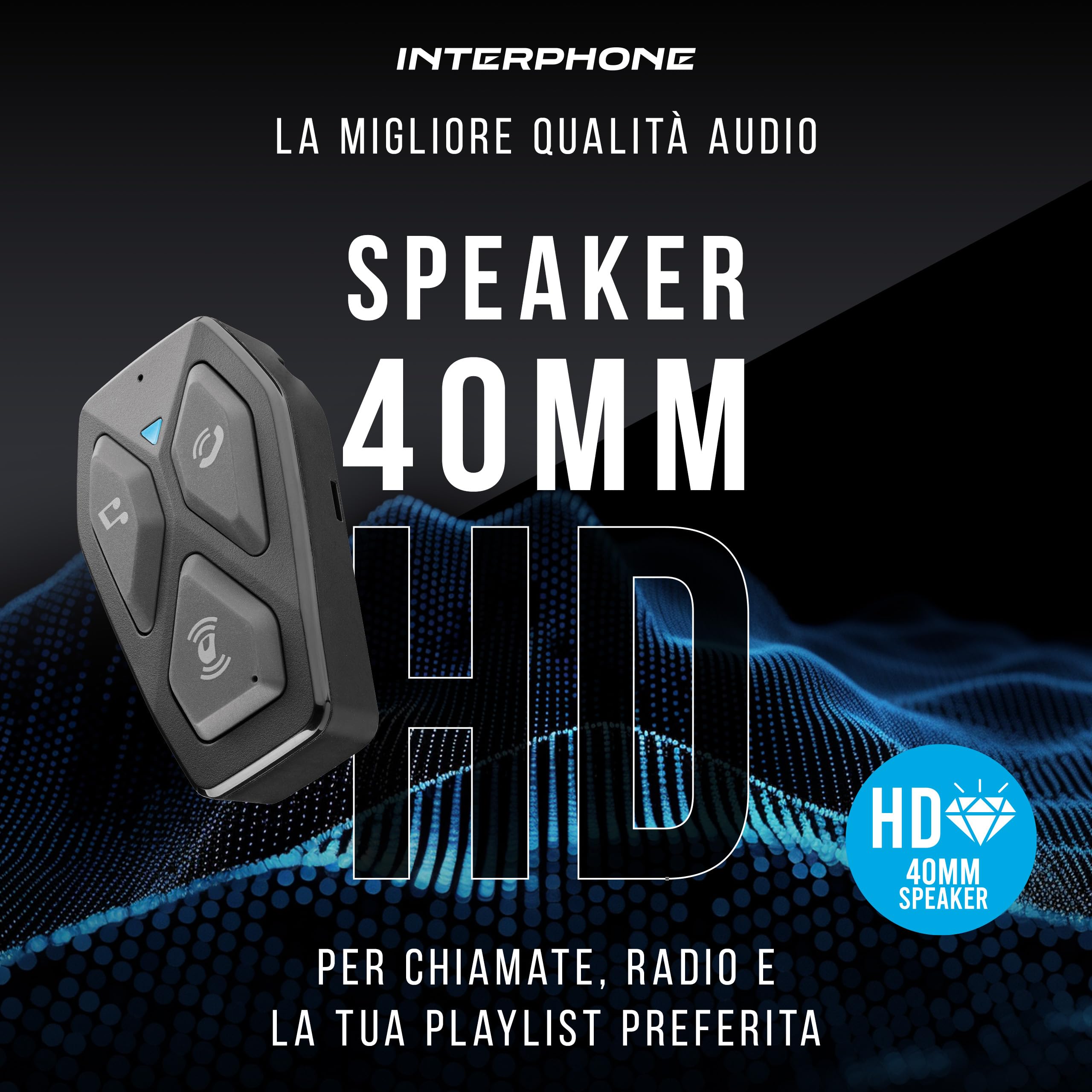 INTERPHONE U-COM 3HD Singolo, Interfono moto di gruppo per 4 utenti fino a 500mt, Interfono casco Bluetooth 5.1 con auricolari HD 40mm per musica, chiamate e GPS, Autonomia 10h e impermeabile IP67