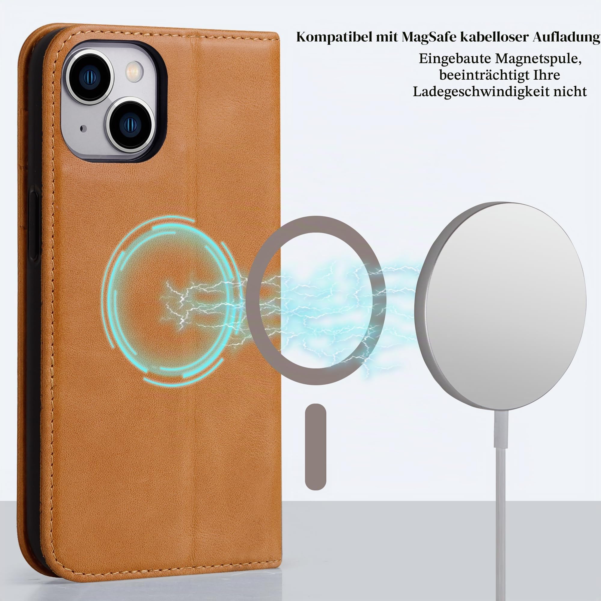 VISOUL Hülle für iPhone 15, Schutzhülle Echt Leder Schützt vor Stoß Kartenfach Magnetverschluss Stand klappbar handyhülle Handytasche Etui Case Gelb