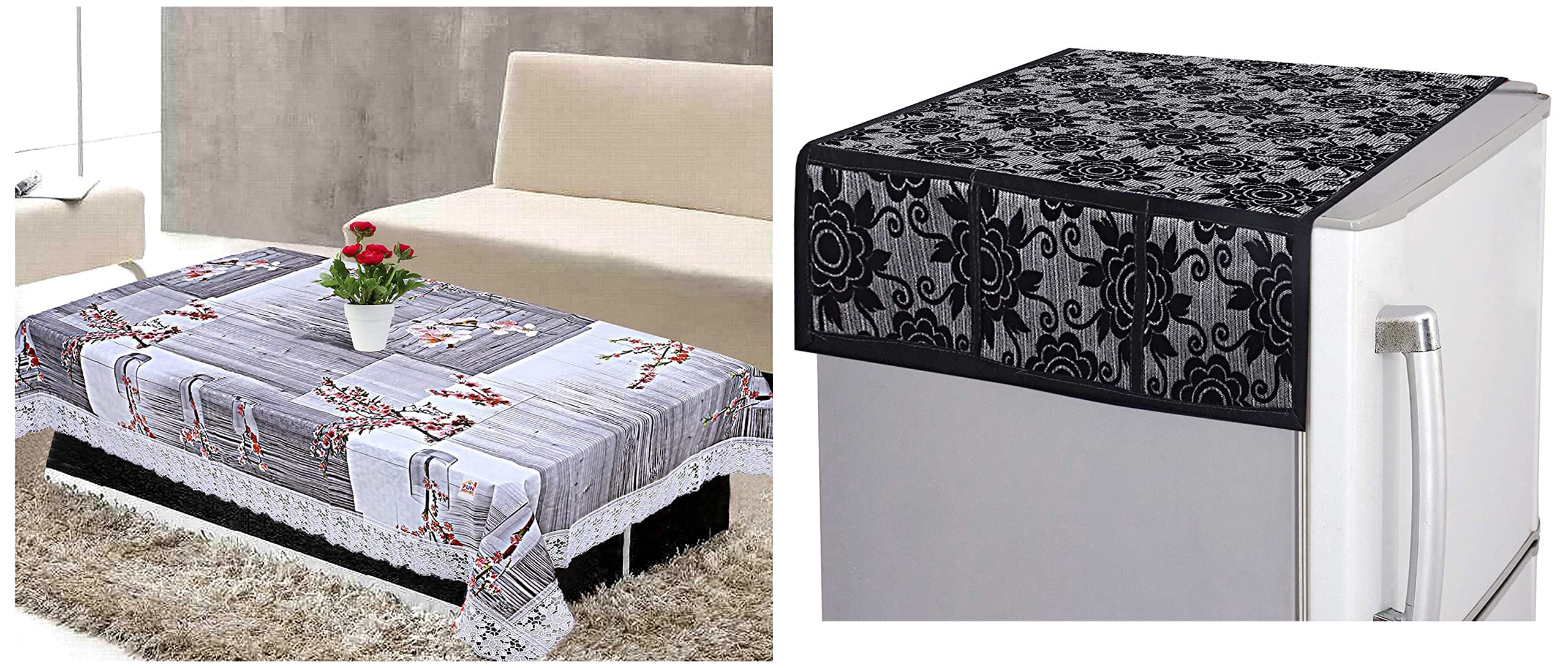 Kuber Industries Floral Checkered Design PVC 4 Seater Centre Table Cover (Grey) -CTKTC014355, Standard & Floral Design Cotton Fridge Top Cover (Black, 37"x21", Standard, CTKTC013848) (B0BB6GYZN2) Amazon Price History, Amazon Price Tracker
