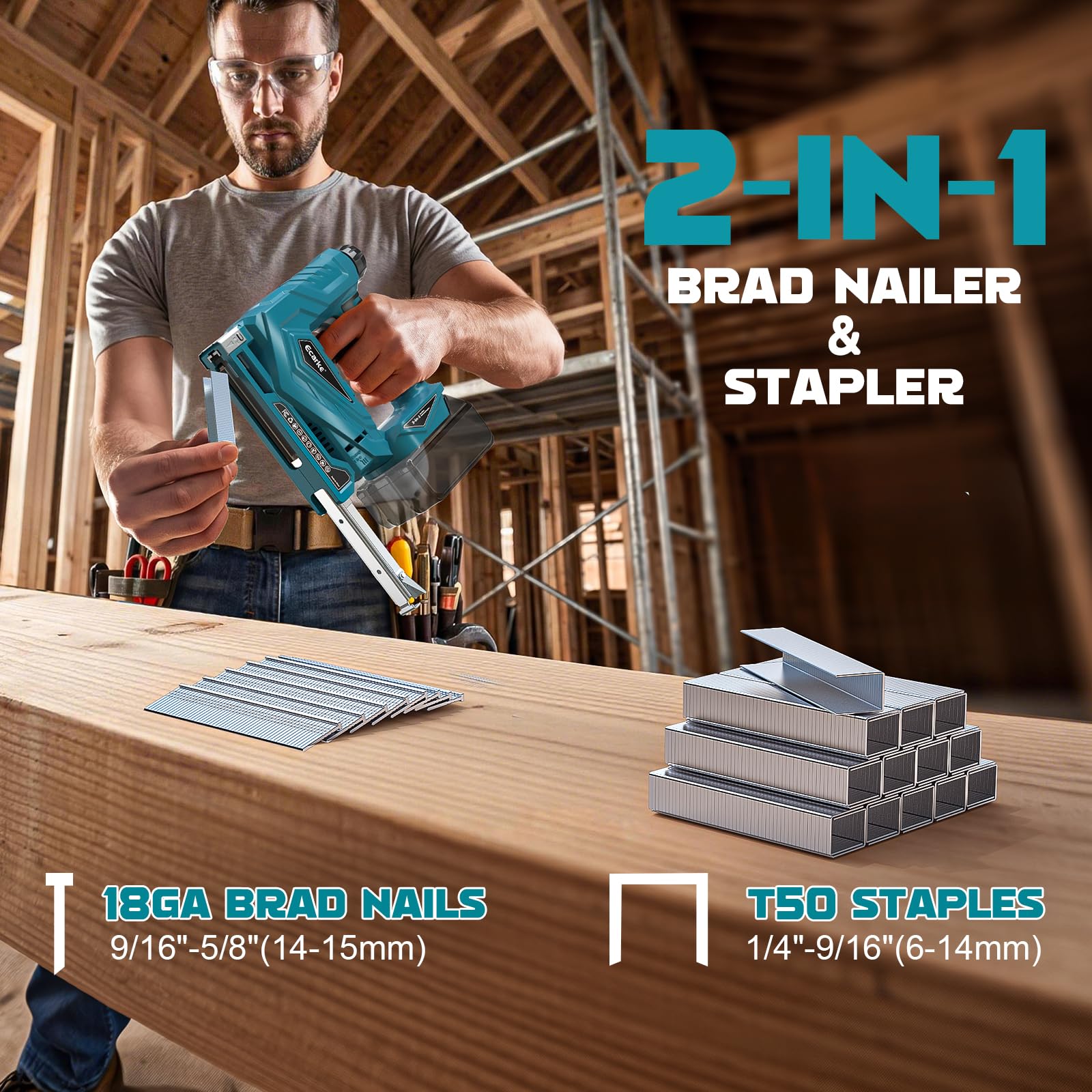 Ecarke 2-in-1 Akku-Nagler kompatibel mit Makita 18V, T50 & Brad Nails | Kabellose Nagelpistole & Elektrotacker, inkl. 1000 Klammern und 1000 Nägel, ideal für DIY, Möbel und Polsterarbeiten