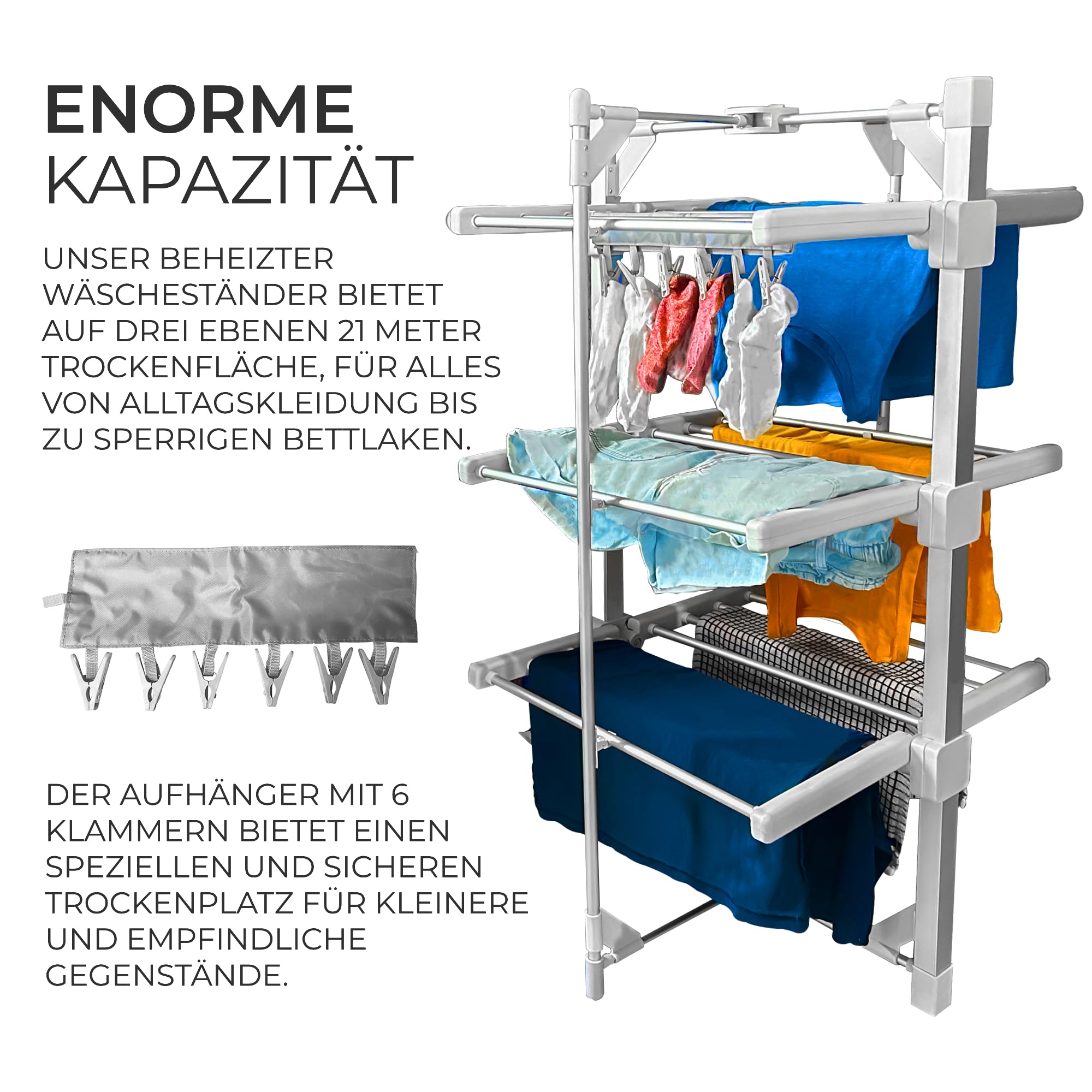 Elektrischer beheizter Wäscheständer 3 Ebenen 21m 15kg Wäsche Kapazität 50-55°C 220W Drinnen Klappbar Mobil 6 Böden 24 Stangen Energieeffizient Schnell trocken Staubschutzhülle & 6 Wäscheklammern