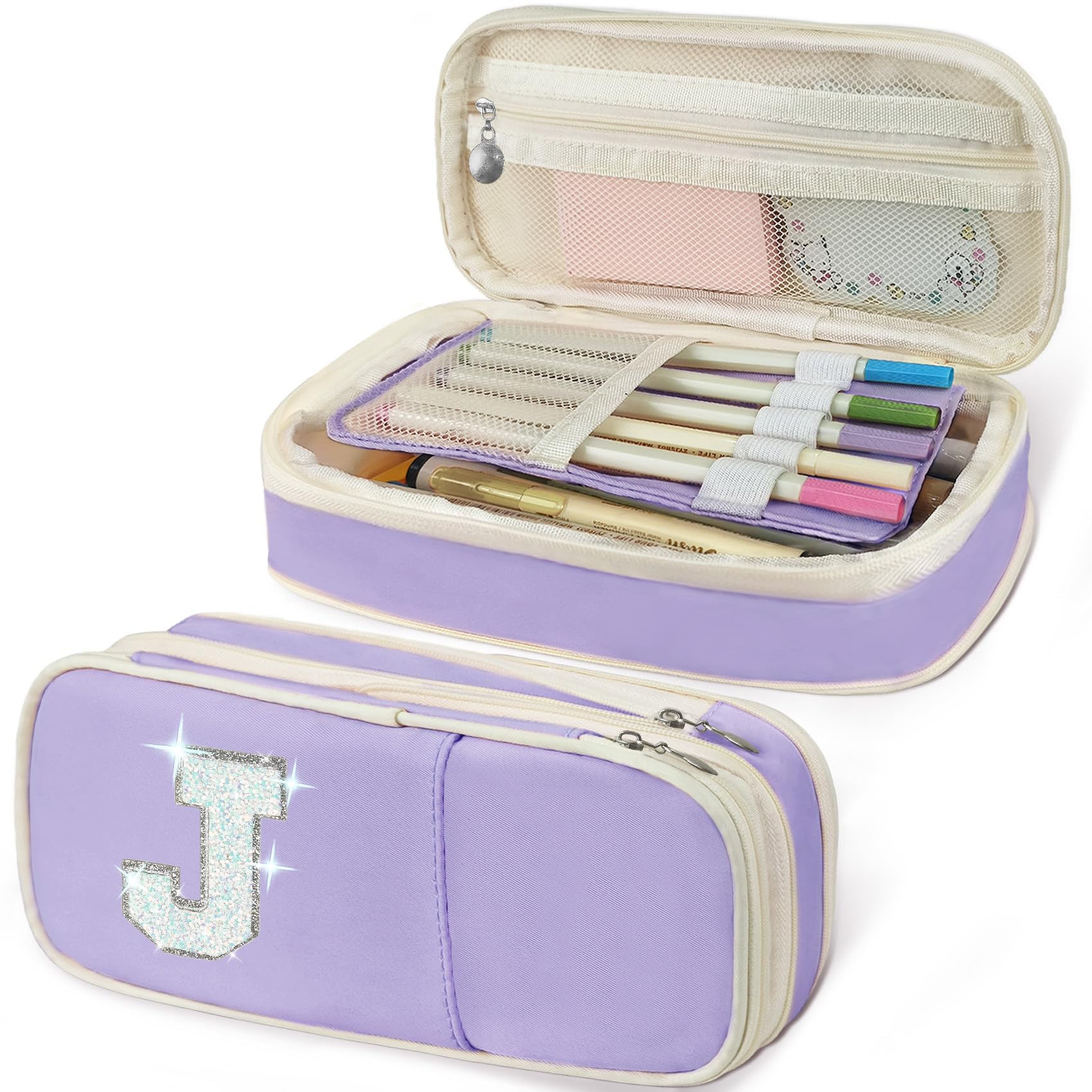 Janhavi Initial Large Capacity Premium Oxford Cute Aesthetic Pencil Case Pouch Bag Special School Supplies Colored Stationery Organizer Gifts for Girls, Women, Adults