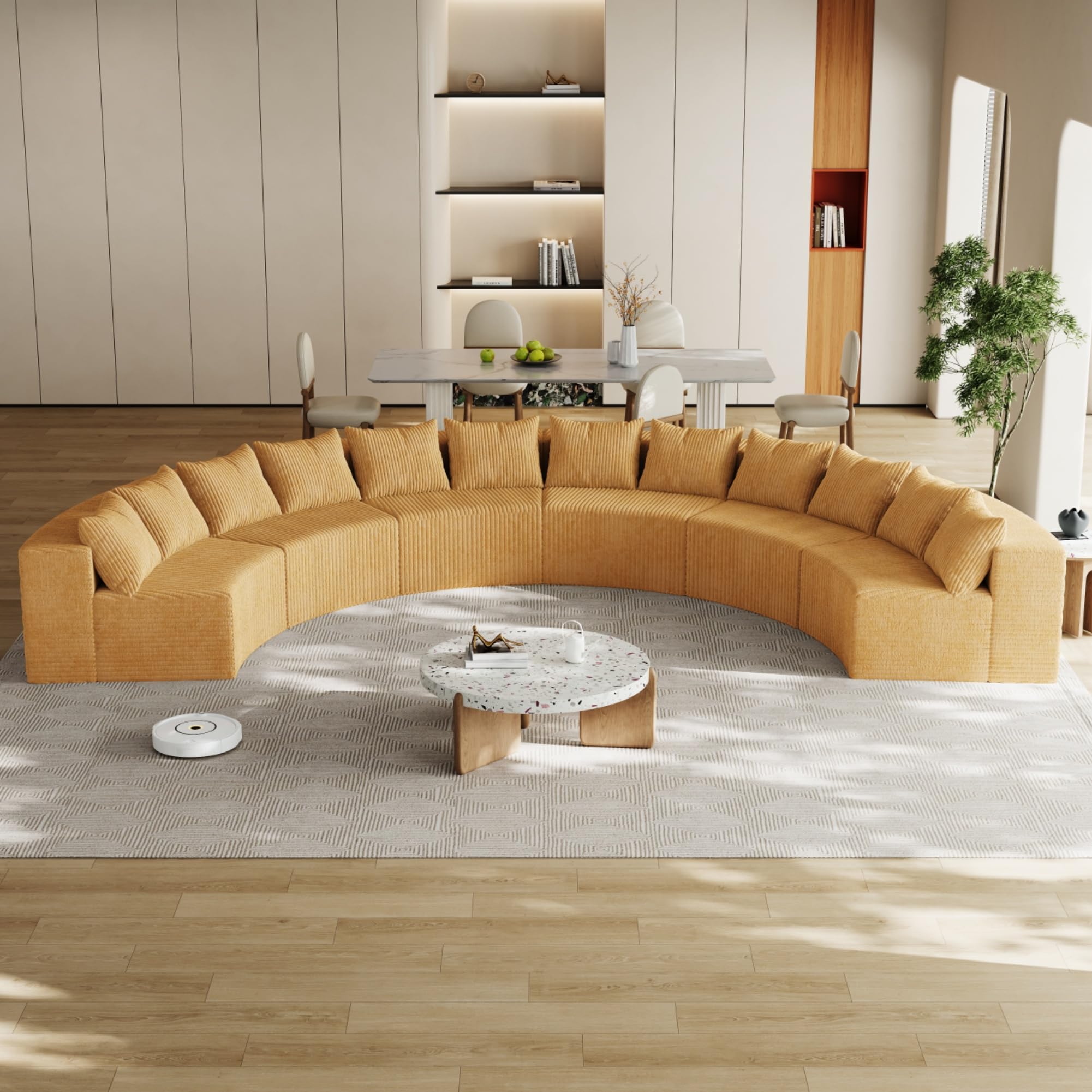 KEIKI 6 Seater Corduroy Curved Sectional Sofa, Symmetrical Modular Semi Circular Couch, Deep Seat Tufted Corner Sofa for Living Room, Lobby, Yellow