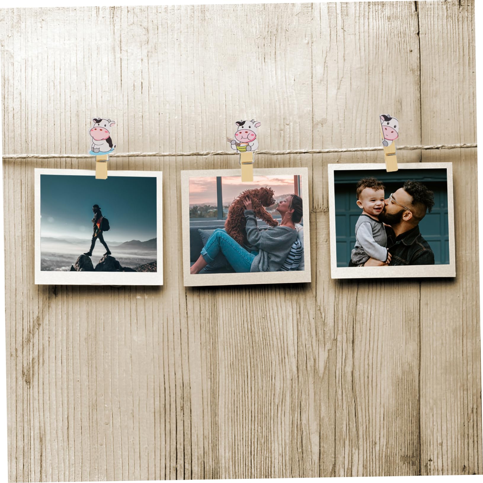 MUCKLILY 5Packs Wooden Cow Shaped Photo Clips with Hanging Rope Eye Catching Memo Holders for Home Decor Crafting and Parties Wooden Picture Clamps Total Clips