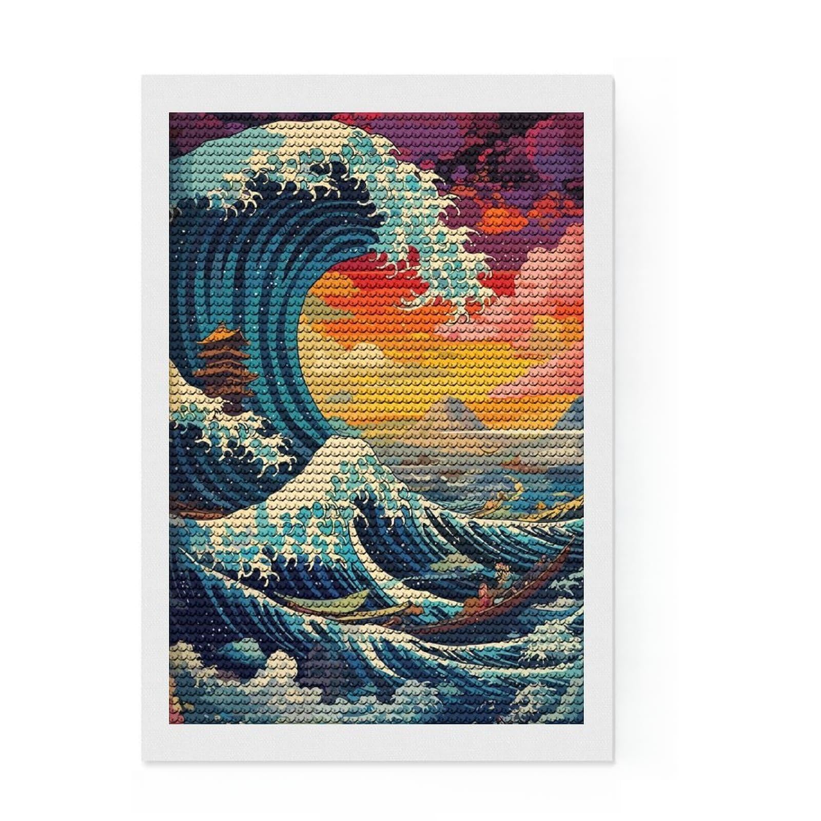 Junmoney Ocean Wave Aesthetic Diamond Art Canvas 8"x12", Easy to Follow Symbols, Easy Handmade Project, Boho Decor, Holiday Gift Idea