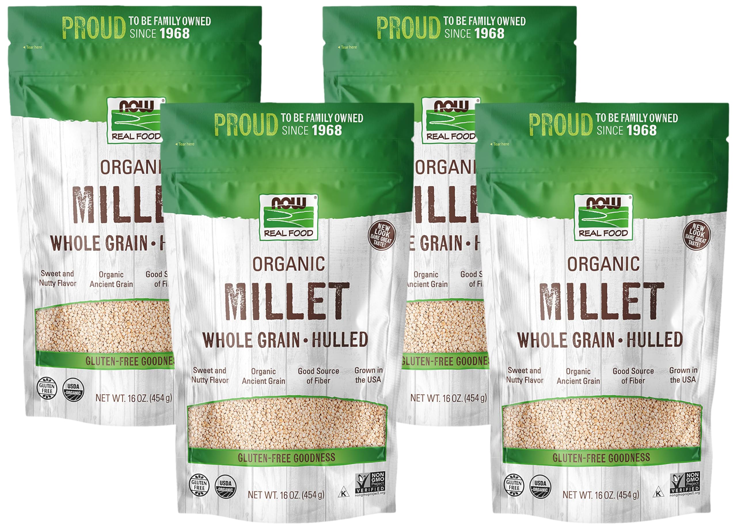 NOW Foods, Organic Millet, Gluten-Free, Whole Grain, Hulled, USA-Grown, 16-Ounce (Packaging May Vary) (Pack of 4)