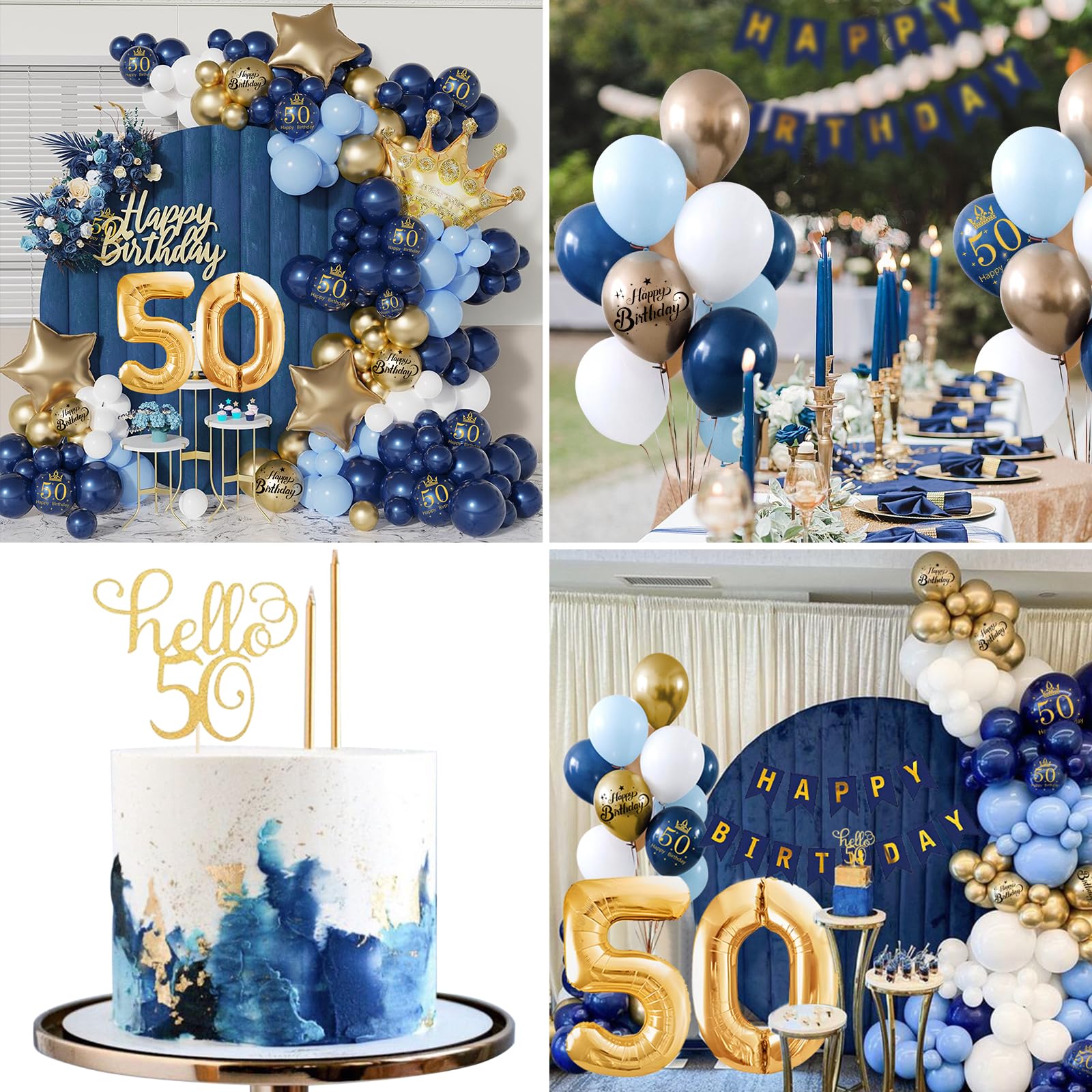 Ghirlanda 50° Compleanno Uomo Donna – Striscione Triangolare Blu Navy E Oro, 3 Pezzi