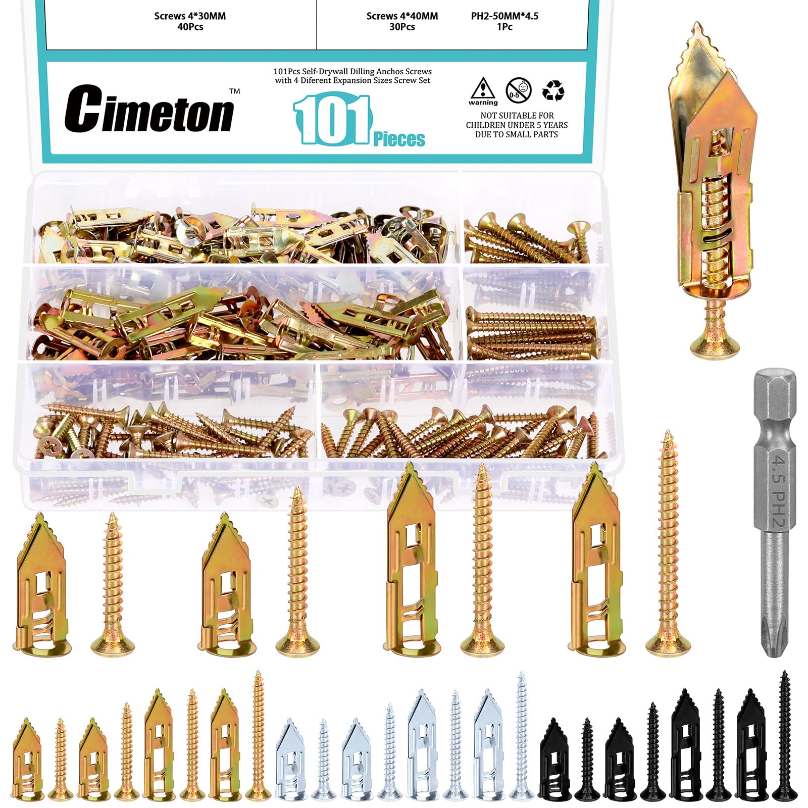 Cimeton 201PCS Self-Drilling Anchors with Screws Kit No Drill Or Holes in Wall for Hanging TV Shelf Strap Cabinet Decoration Fixing Curtain(Colored Zinc)