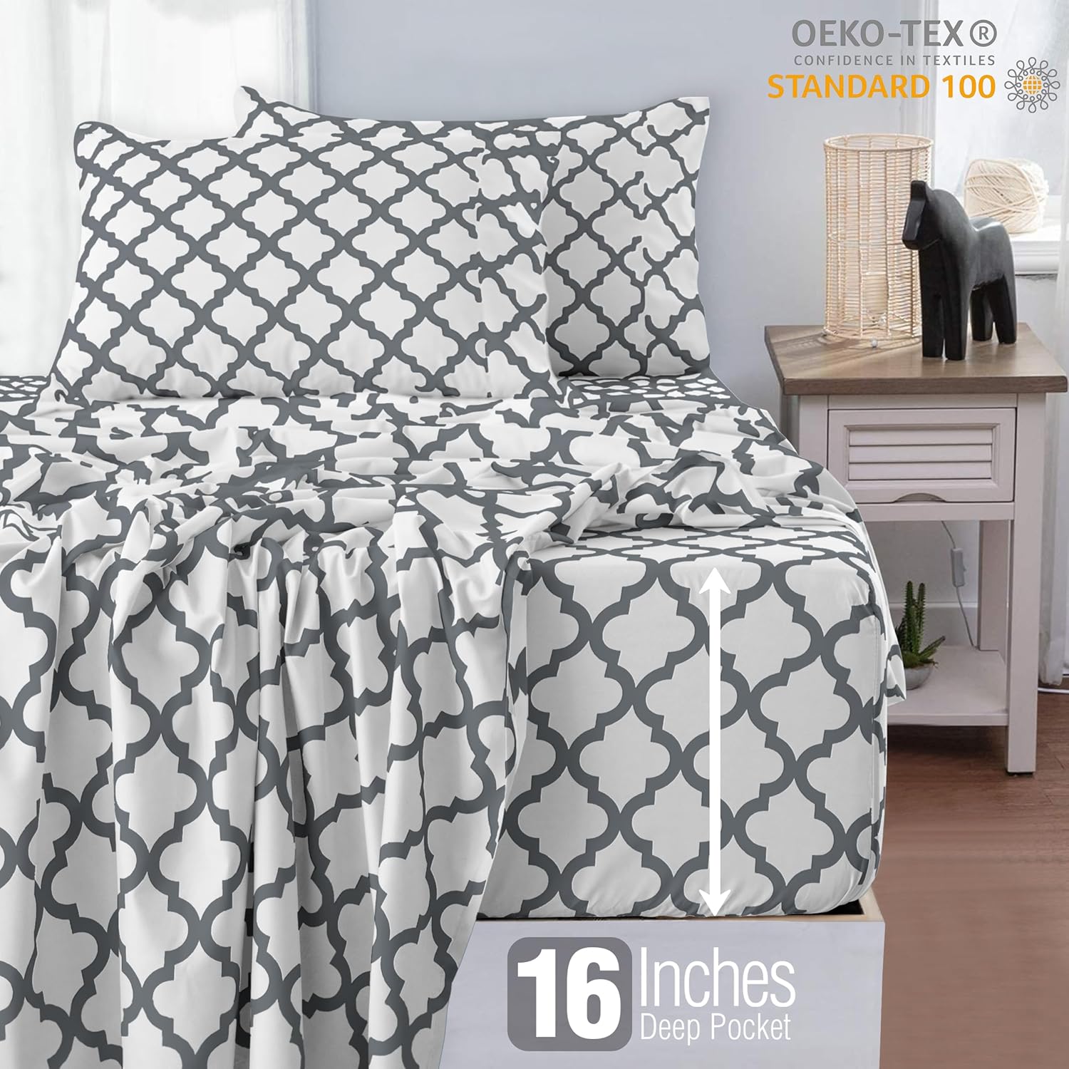 LUX Décor Quatrefoil Cal King Sheet Set - 4 Piece Ultra-Soft Microfiber Bed Sheets with Flat Sheet, 16 Inches Deep Pocket Fitted Sheet & Pillowcases, Breathable, Bedroom Decor, Oeko-TEX - Grey