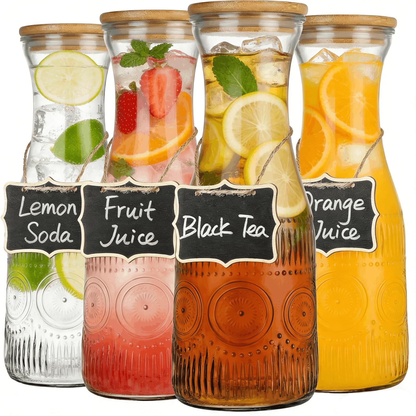 YOUEON 4 Pack 1 Liter Glass Carafe with Lid, Beverage Pitchers Carafes for Mimosa Bar with Bamboo Lids and Chalkboard Tags, Clear Water Juice Carafe, Wide Mouth & Easy to Grip