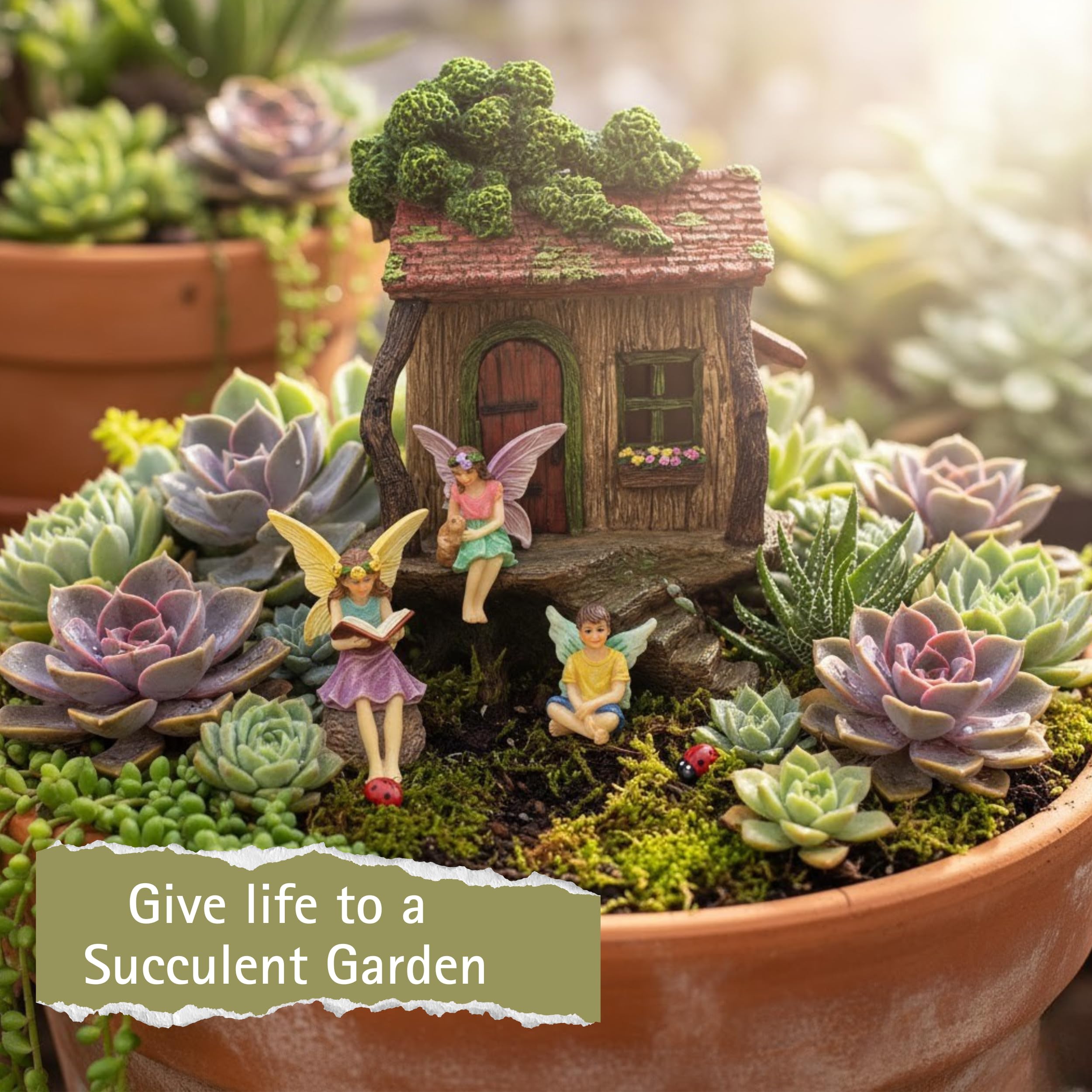 PRETMANNS Kit de casa de jardín de Hadas - Completo con Accesorios, casa de 20 cm de Alto con Puerta Que se Abre y Hadas para Jardines al Aire Libre - 4 Piezas