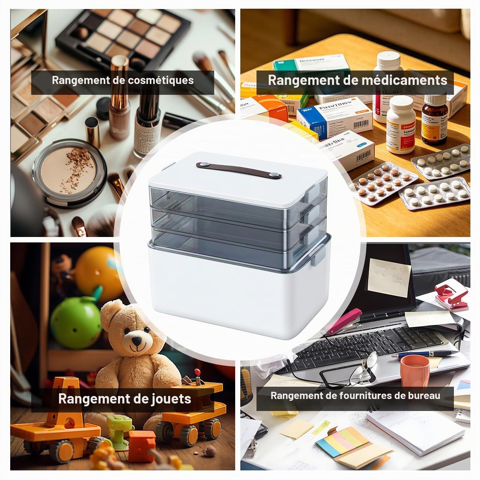 IMHO Boîte de Rangement à 4 étages pour médicaments, Organiseur Portable avec poignée en Cuir, étui de Rangement Vide pour la Maison, Les Loisirs, Les Accessoires de Couture et Les Fournitures