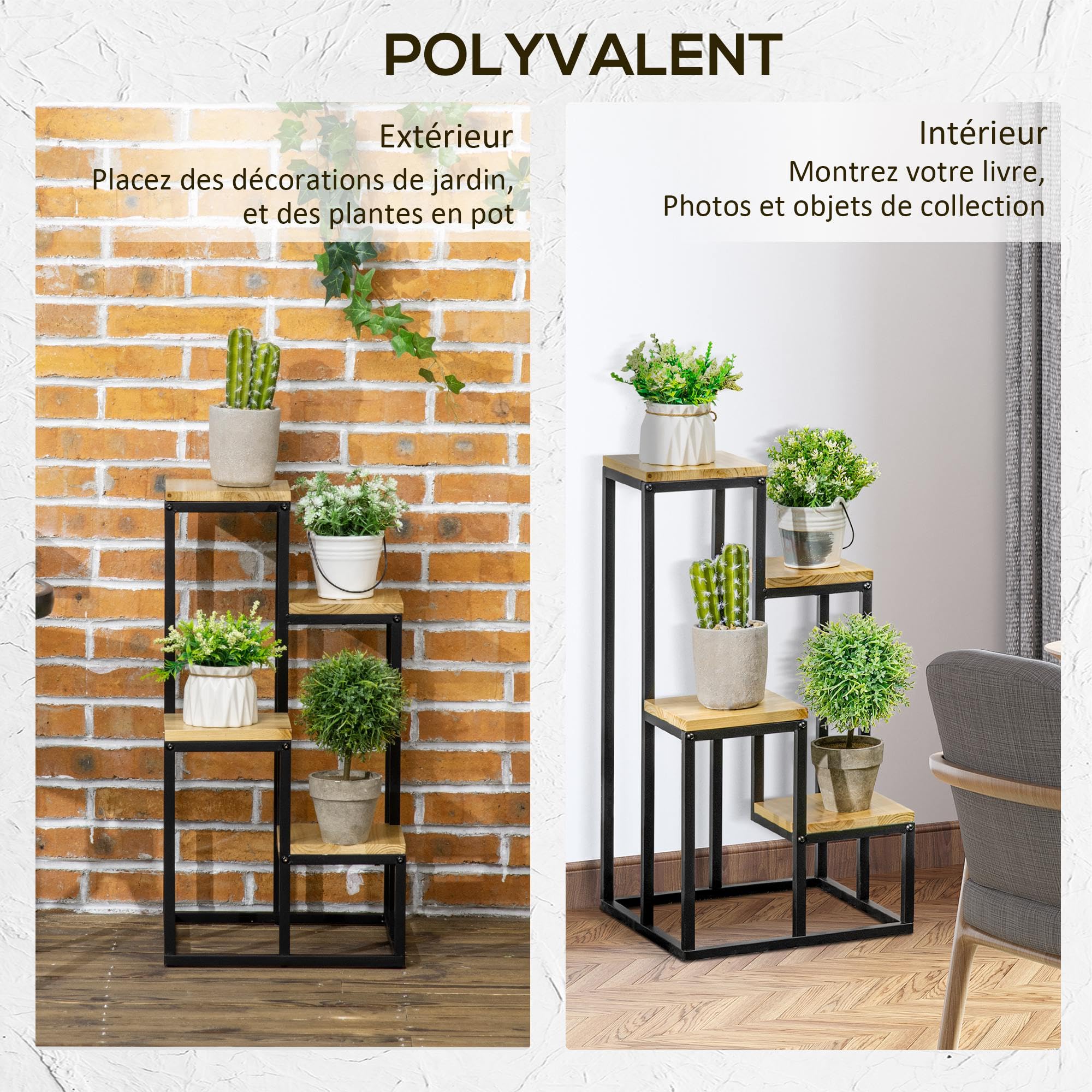 Outsunny Support pour Plantes Étagère à Fleurs 4 Étagères Différentes Hauteurs Structure Acier - 34 x 34 x 66 cm