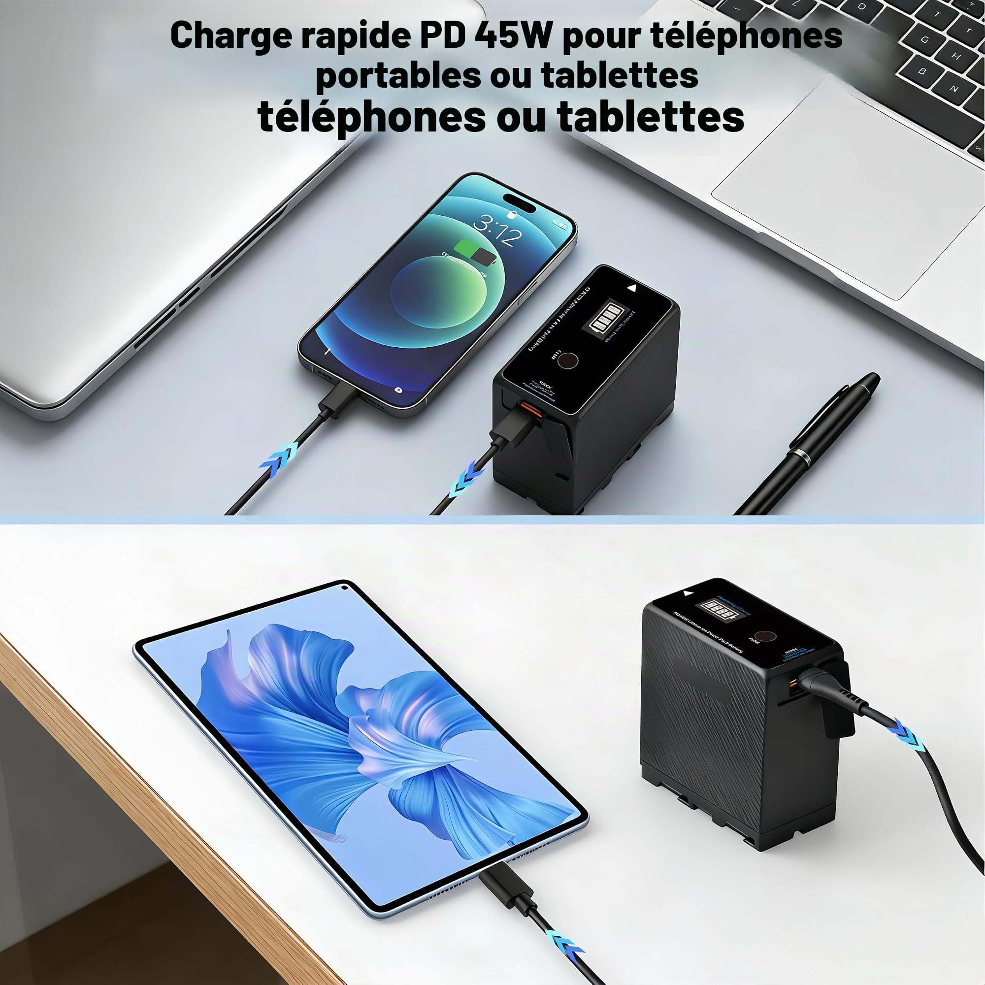 Batterie 10500 mAh PD 45 W USB-C NP-F pour Sony NP-F970 NP-F570 NP-F750 NP-F770 NP-F930 NP-F950 NP-F960 F750 F550 pour appareil photo, caméscope, moniteur, lumière vidéo LED