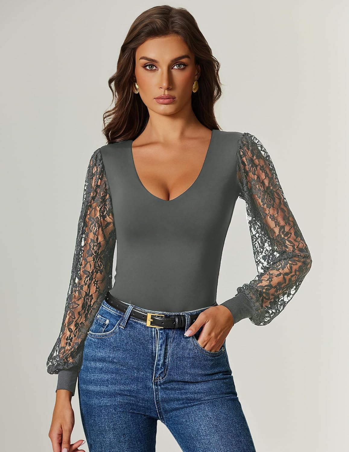 Avidlove Womens Long Sleeve Bodysuit Double Lined V Neck Lace Puff Sleeves Going Out Top Shirts Thong Leotard Body Suit