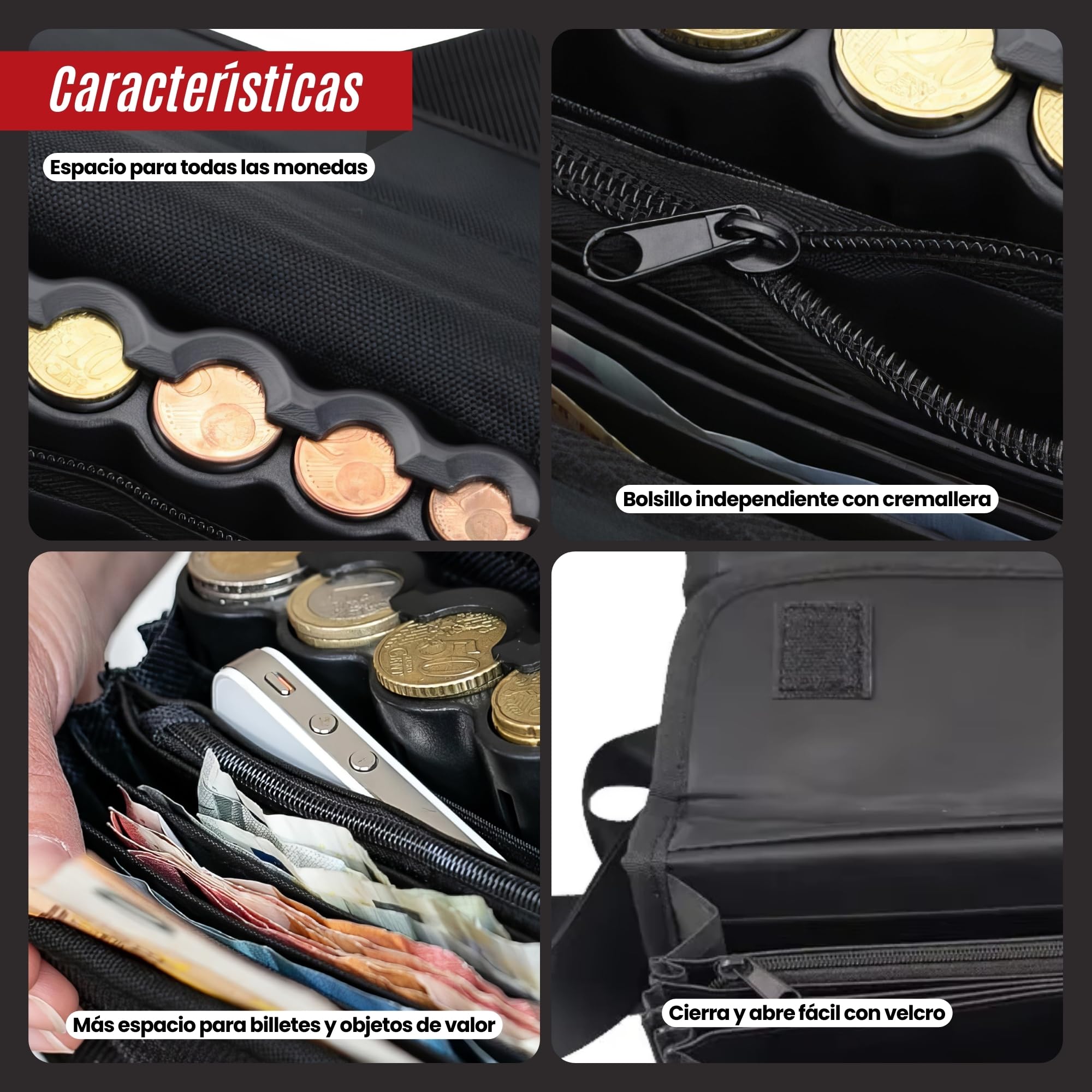 ️ Cartera Dispensador de Monedas y Billetes + Bolígrafo Detector Billetes Falsos - Riñonera Camarero y Dispensador de Monedas para Taxi, Camareros, Vendedores (Negro + Riñonera)