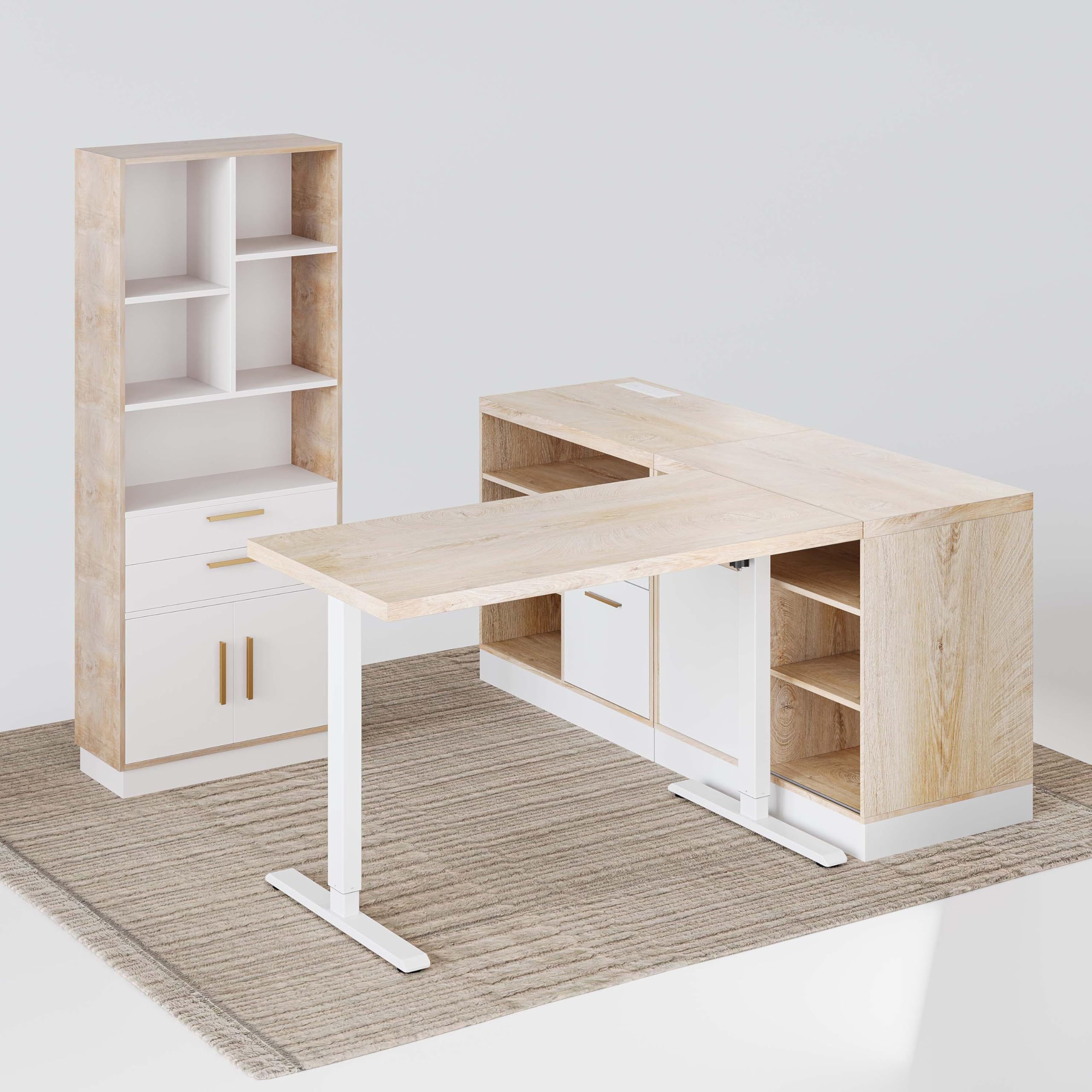 Furniture Set, 67" Standing Desk with 59" Bookcase, L Shaped Electric Standing Desk with Bookshelf, Home Office Furniture Set, Light Walnut