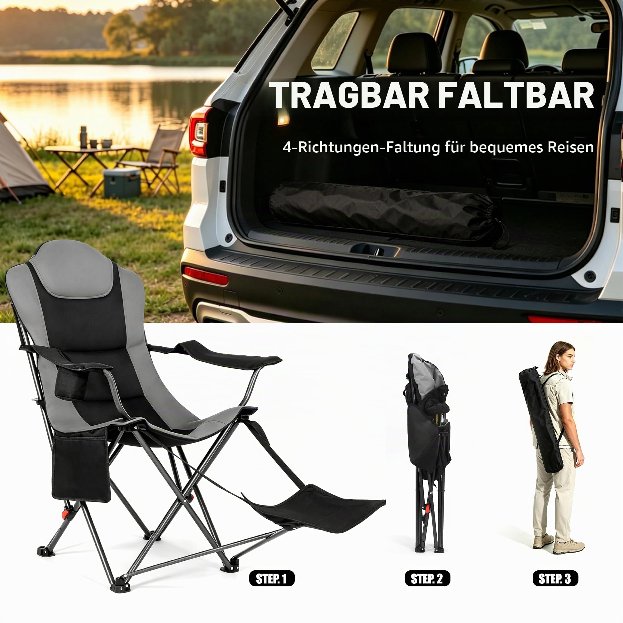 OUTSIDER Schwerlast Campingstuhl mit Fußstütze 200kg, 3-Position Klappstuhl, Getränkehalter, obere Reißverschlusstasche & Seitentasche, tragbar für Camping, Angeln, Wandern 1pc (Black-4)
