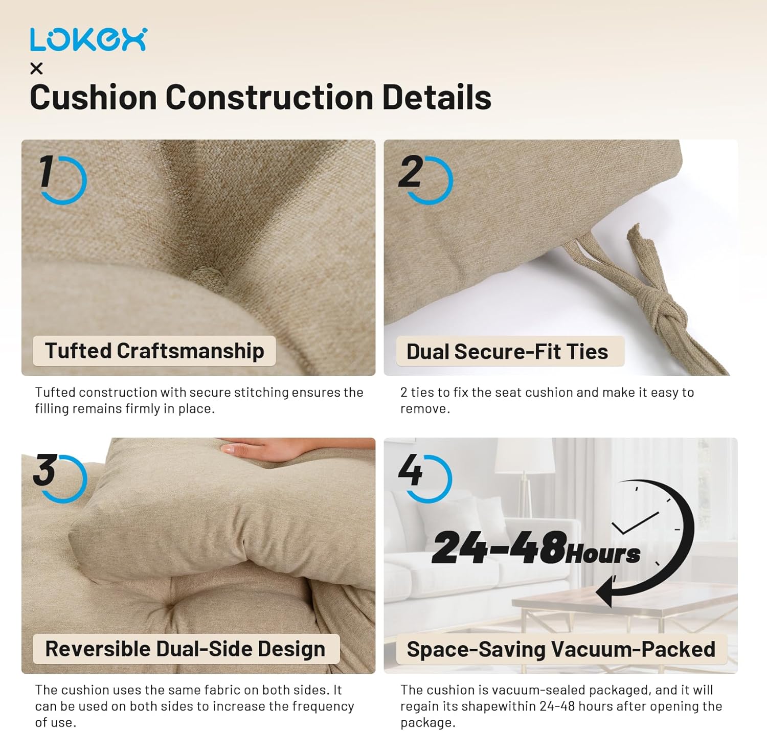 Lokex 4 Inches Thick Bench Cushion with Ties, High-Density Sponge Filling, Classic Linen Fabric, Non-Slip Rectangular Seat Cushion for Indoor Benches (Khaki, 36×14)