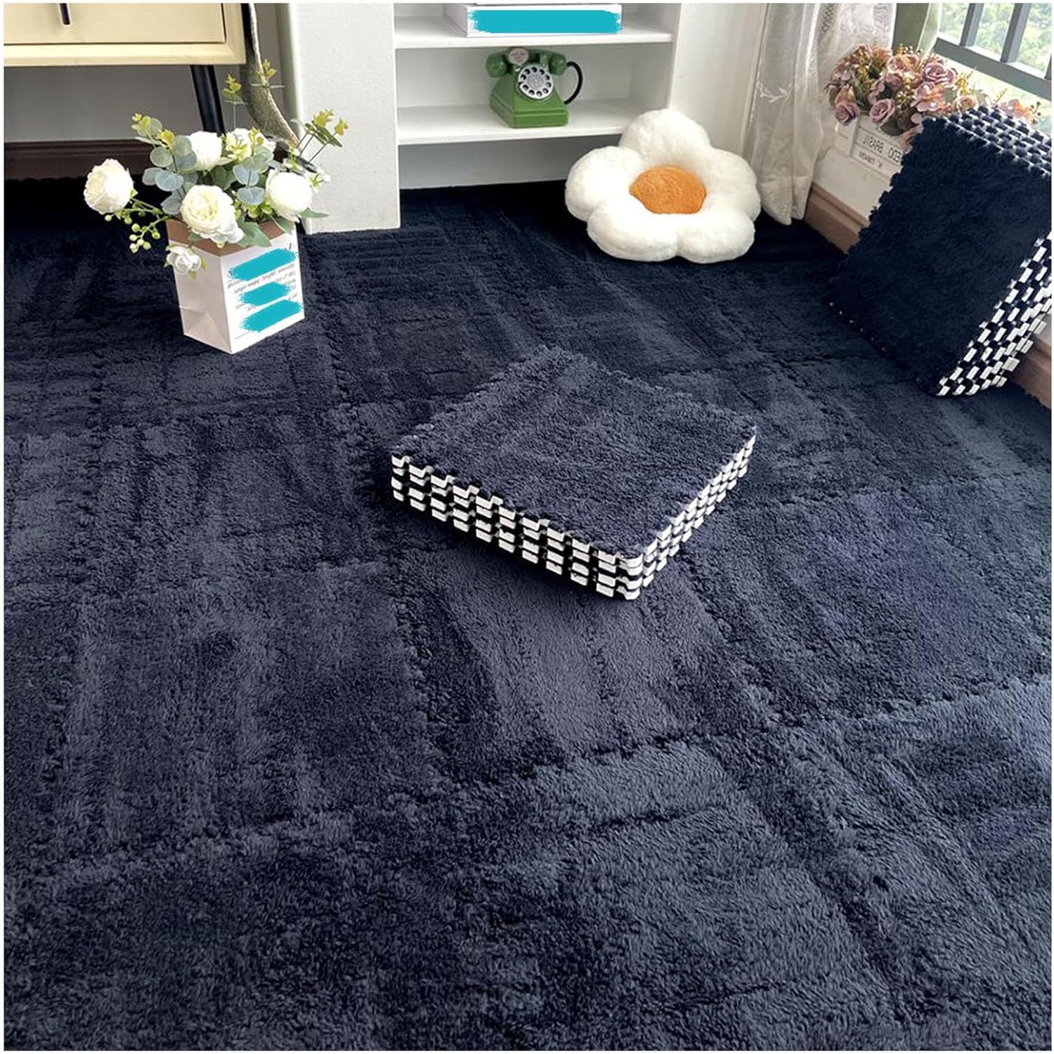 JvFbjLF Soft Plush Interlocking Floor Mats 12x12inch Puzzle Carpet Squares Fluffy Foam Floor Tiles With Border(Schwarz)