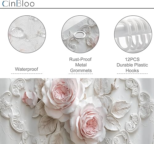 Miniatura 5 de Cinbloo Cortina de ducha romántica con diseño floral de rosas rosas de 60 pulgadas de ancho x 72 pulgadas de alto, escultura de relieve blanco