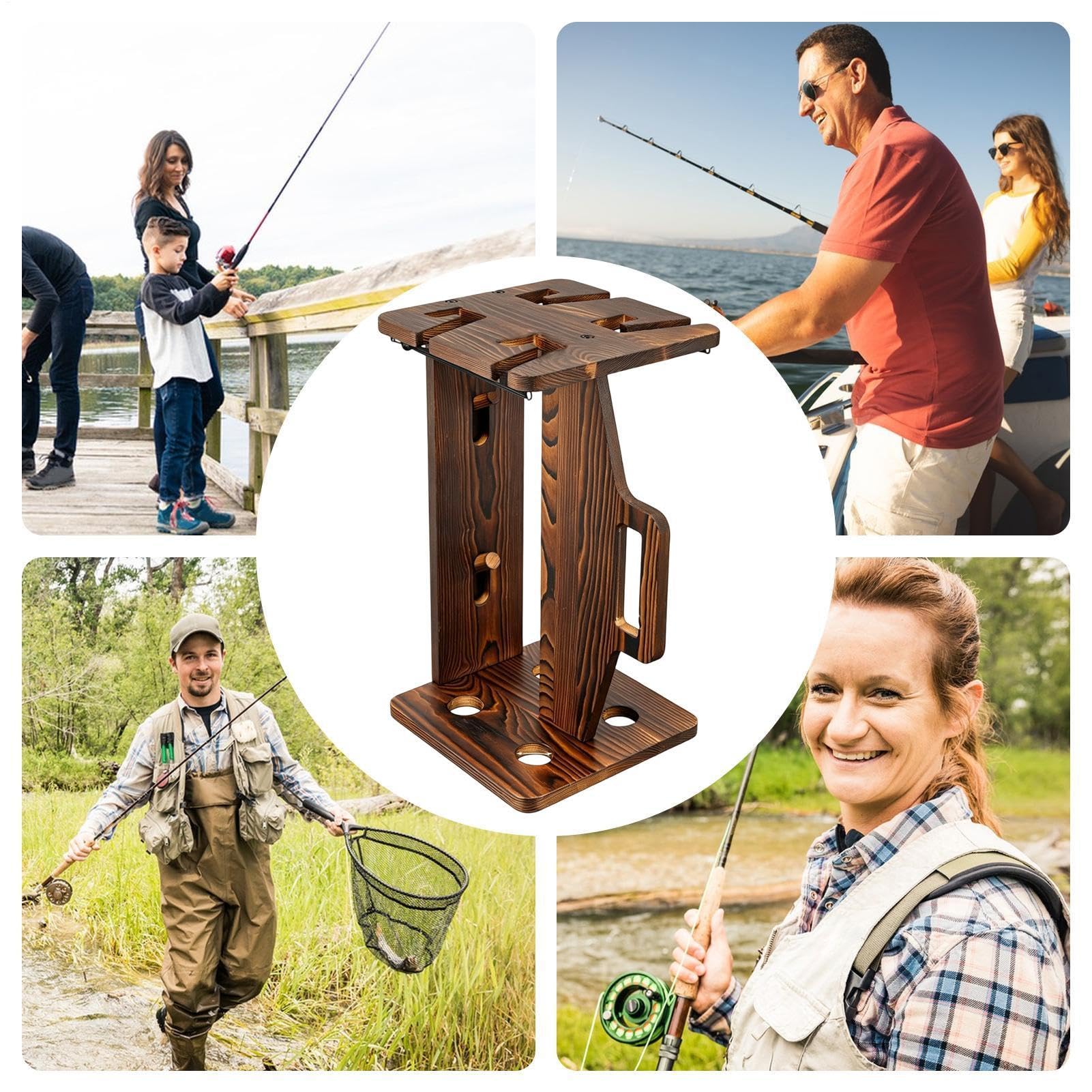 Supporto per canna da pesca, portatile, regolabile, in legno, per