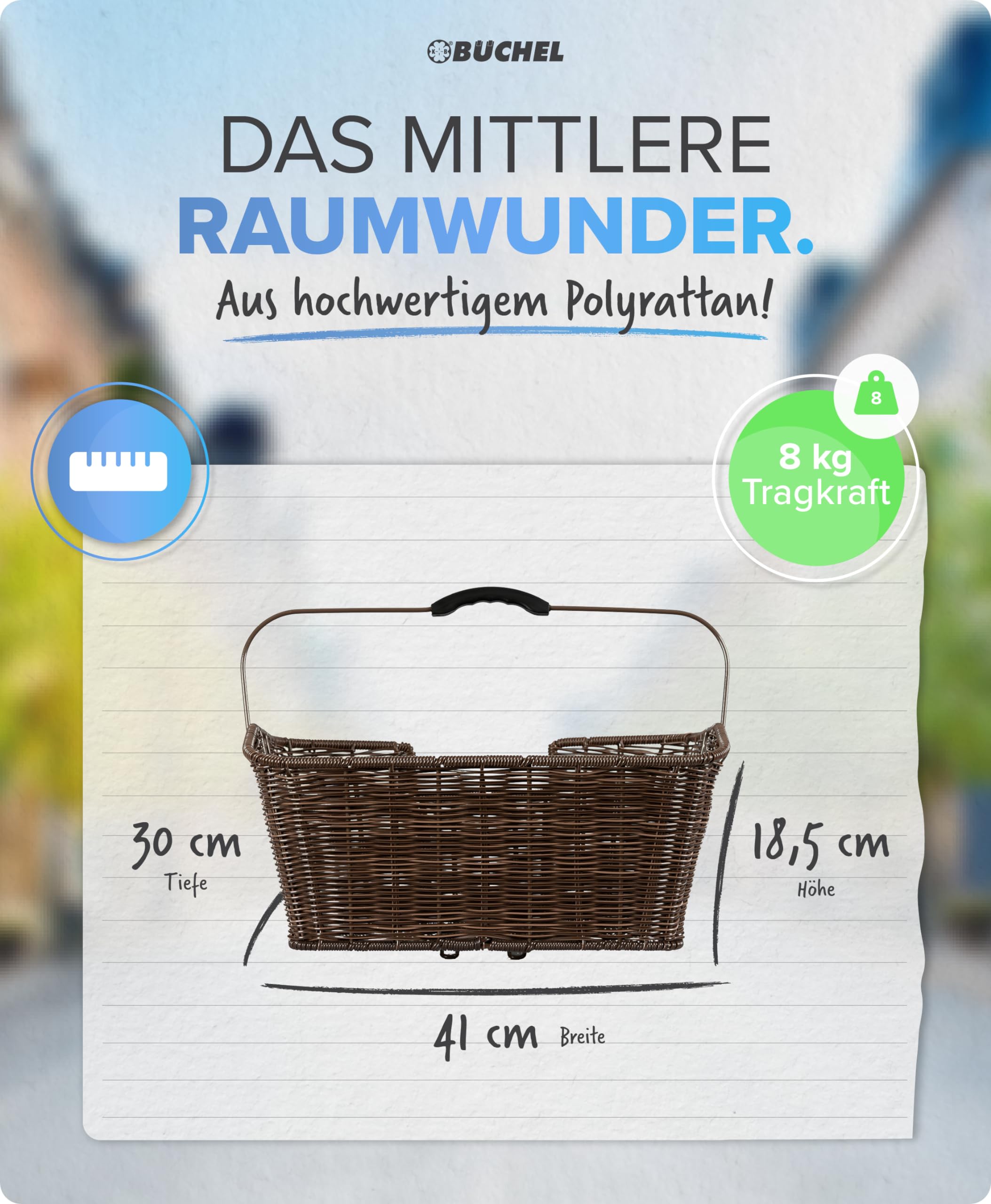 Büchel Fahrradkorb hinten - Fahrradkorb abnehmbar hinten I einfache Befestigung mit innovativem Halteclip I aus hochwertigem Polyrattan I Fahrrad Korb für hinten aus hochwertigem Polyrattan
