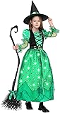 Spooktacular Creations Girls Witch Costume, Light up Witch Costume Kids, Starry Dress for Child Halloween Role Play Parties Green Small(5-7 yrs)