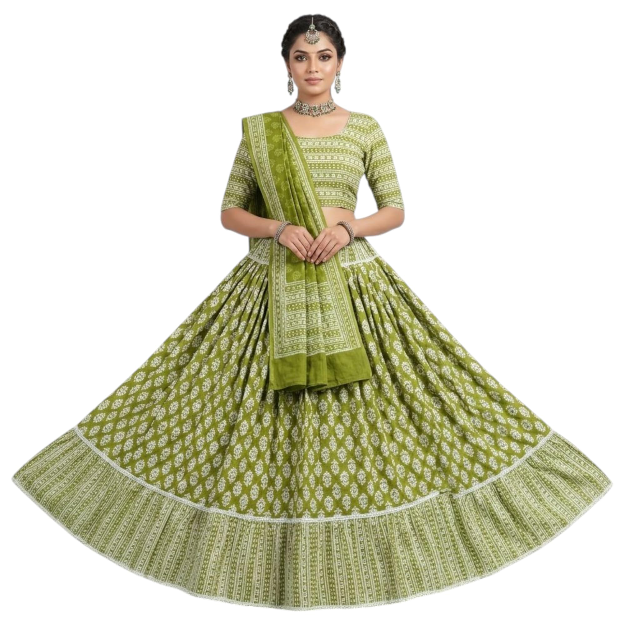 Olive Green Cotton Printed Gopi Dress - Traditional Lehenga Choli Set-picture-59