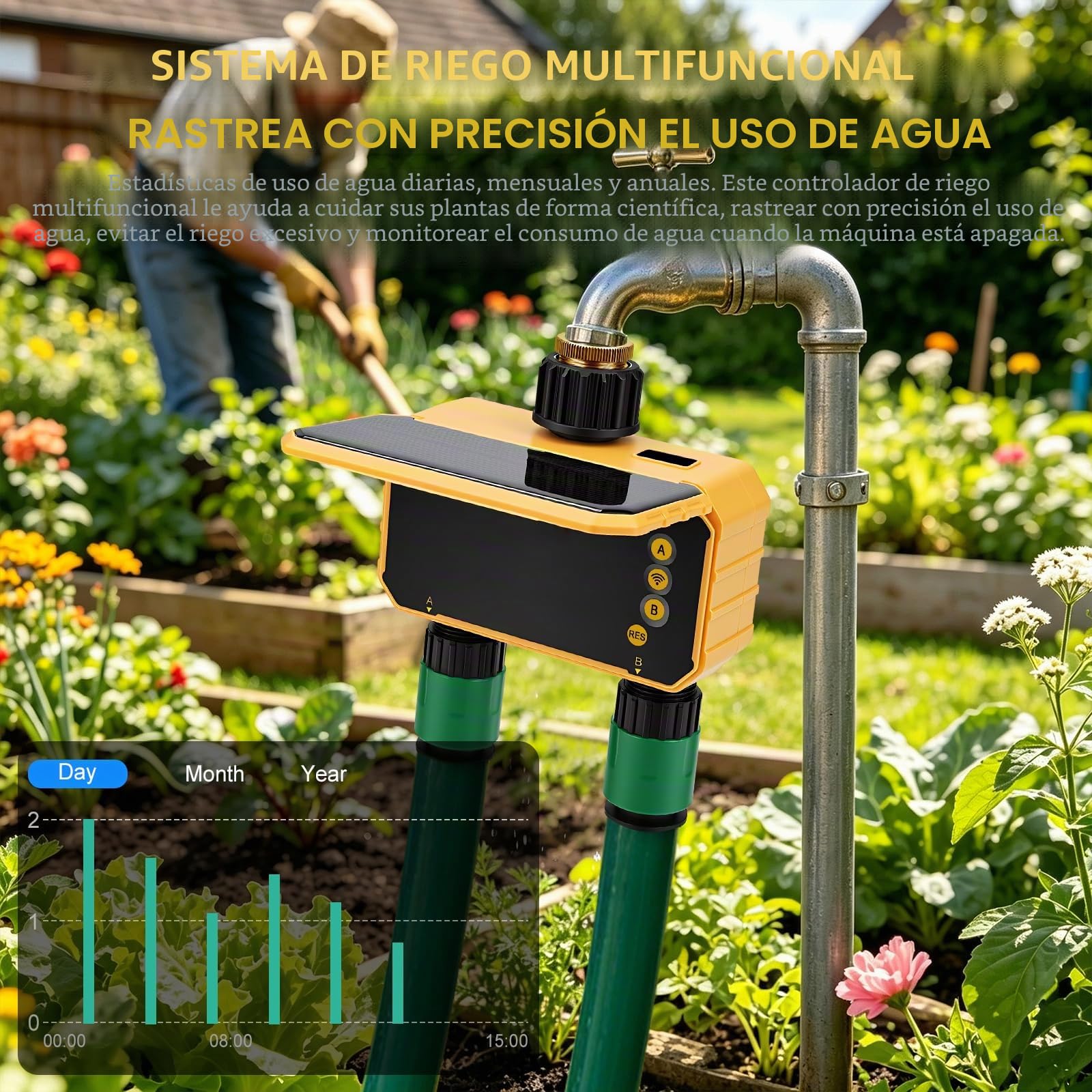 Programadores de Riego WiFi de 2 Zonas,Temporizador de Riego Automático WiFi Solar Control Remoto con Función de Retardo por Lluvia,para Jardines,Invernaderos