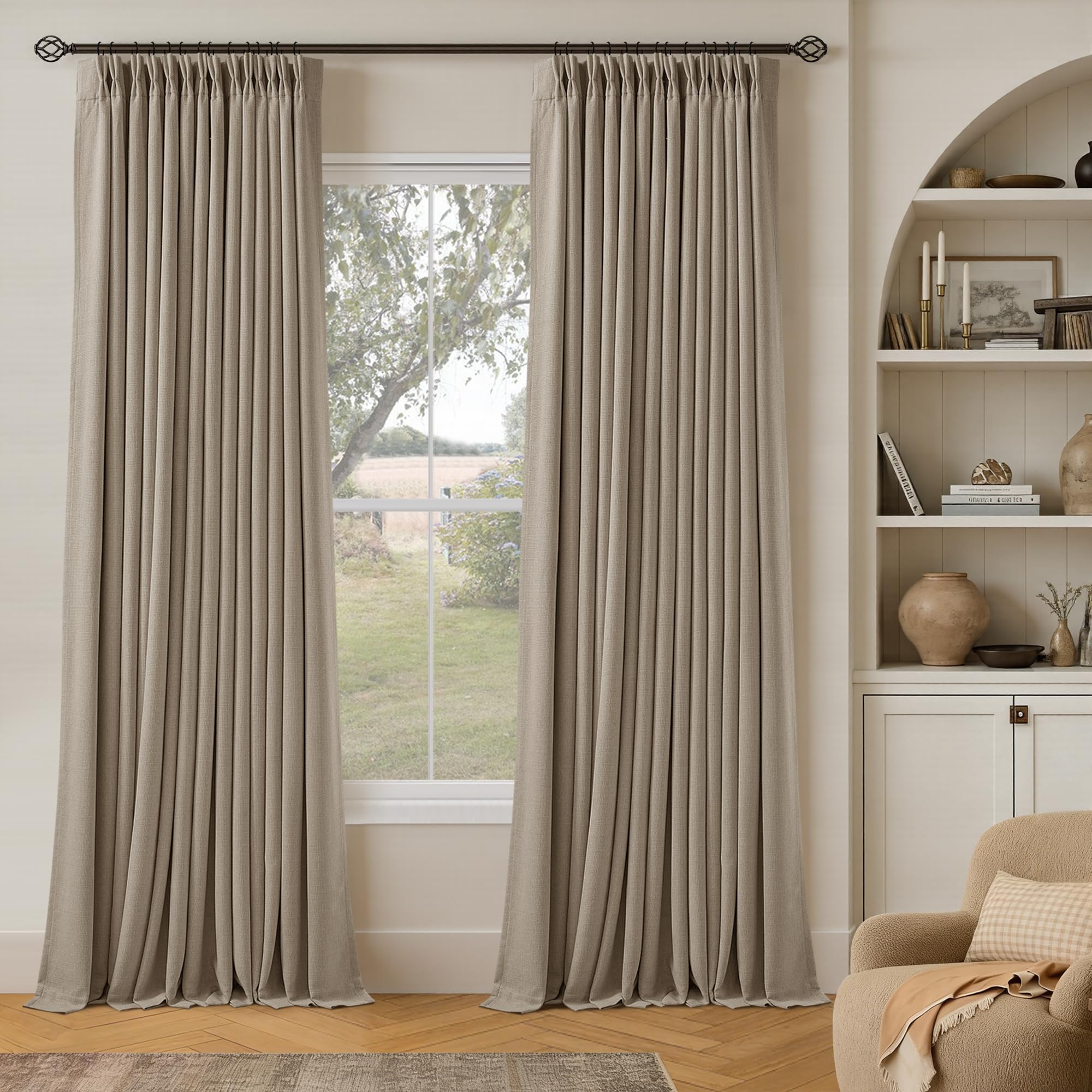 TWODRAPES Dark Flax 94 Inch Long Blackout Curtains Thick Linen Pinch Pleated
