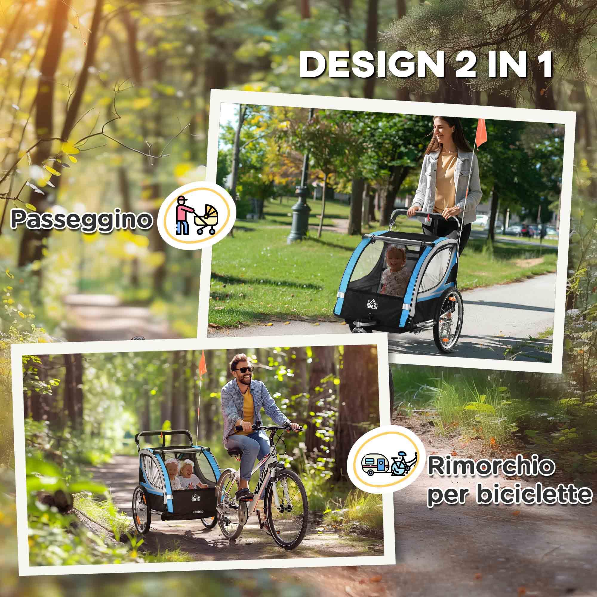 HOMCOM Rimorchio Bici per Bambini 2 in 1 Passeggino con Freno, Cintura a 5 Punti