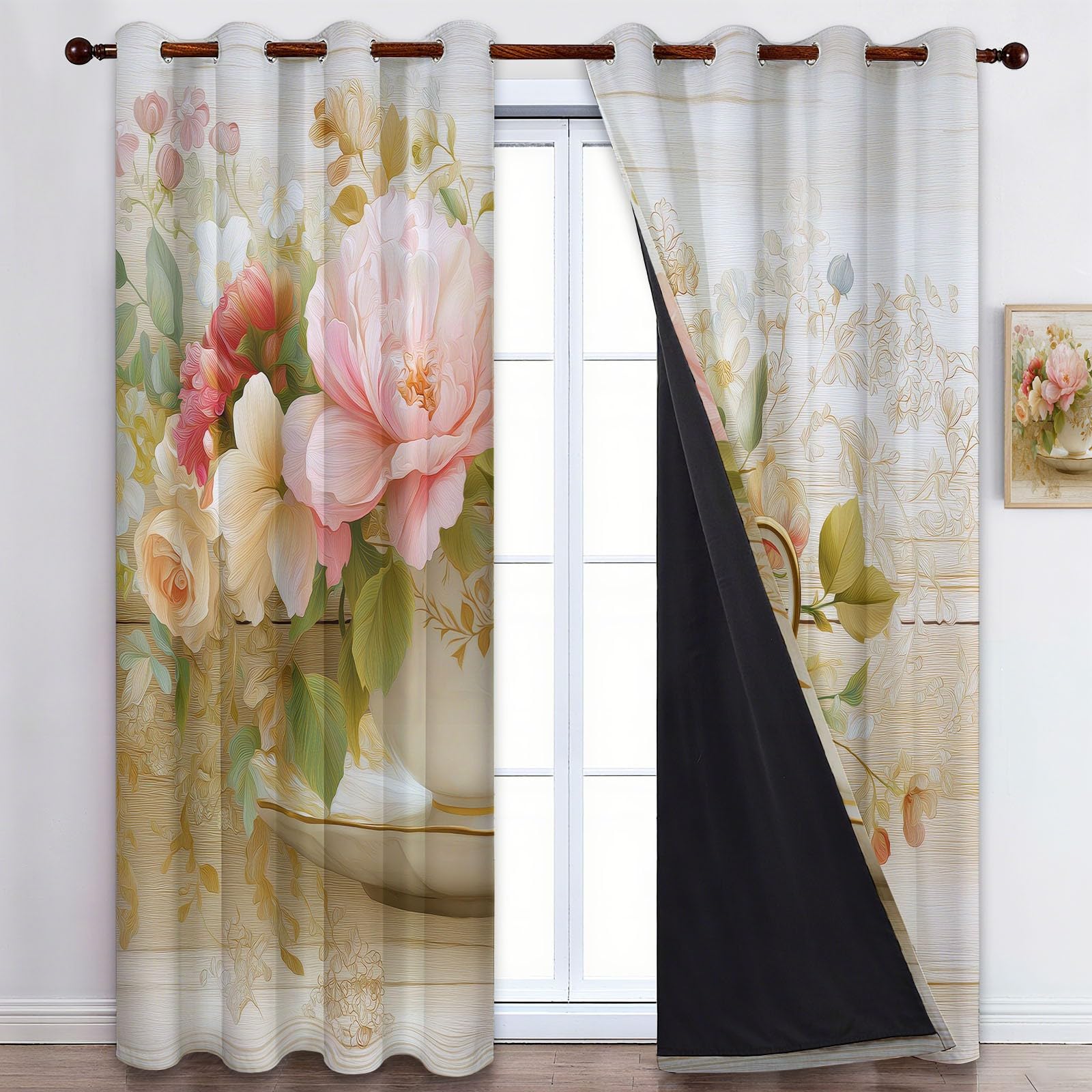 Dziecięca termiczna zasłona zaciemniająca elegancka kwiatowa filiżanka do herbaty 110 x 215 cm zestaw 2 zasłon z nadrukiem do salonu, dekoracji okna, kuchni, do wnętrz, zasłon i zasłon z oczkami