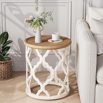 karlott Farmhouse End Table, French Country Tray Round Side Table, Beige | Curved Motif Frame Base With Distressed Tray Top, Boho Accent Table Ideal, End Tables for Living Room, Small Space, Bedroom