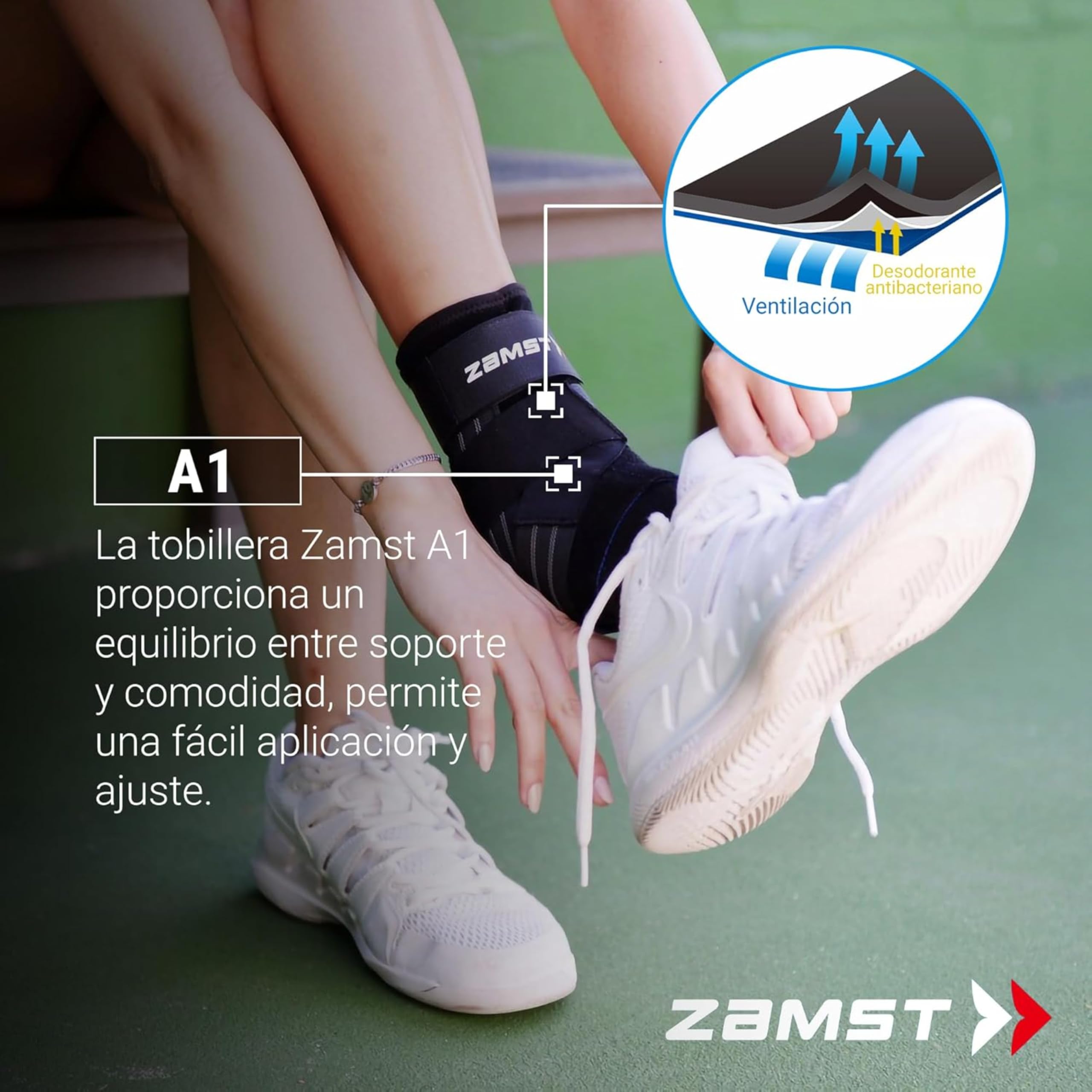 Zamst A1 Tobillera Deportiva - Soporte de Tobillo Deportivo Transpirable para Hombres y Mujeres con Correas Ajustables de Tres Vías para Esguince de Tobillo Lateral Moderado - Derecha, L