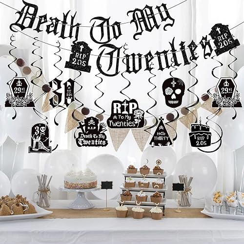 Miniatura 4 de Decoraciones de Death to My 20 14 piezas negras para decoración de fiesta de cumpleaños de 30 años, pancarta colgante de remolinos rasgados a mis